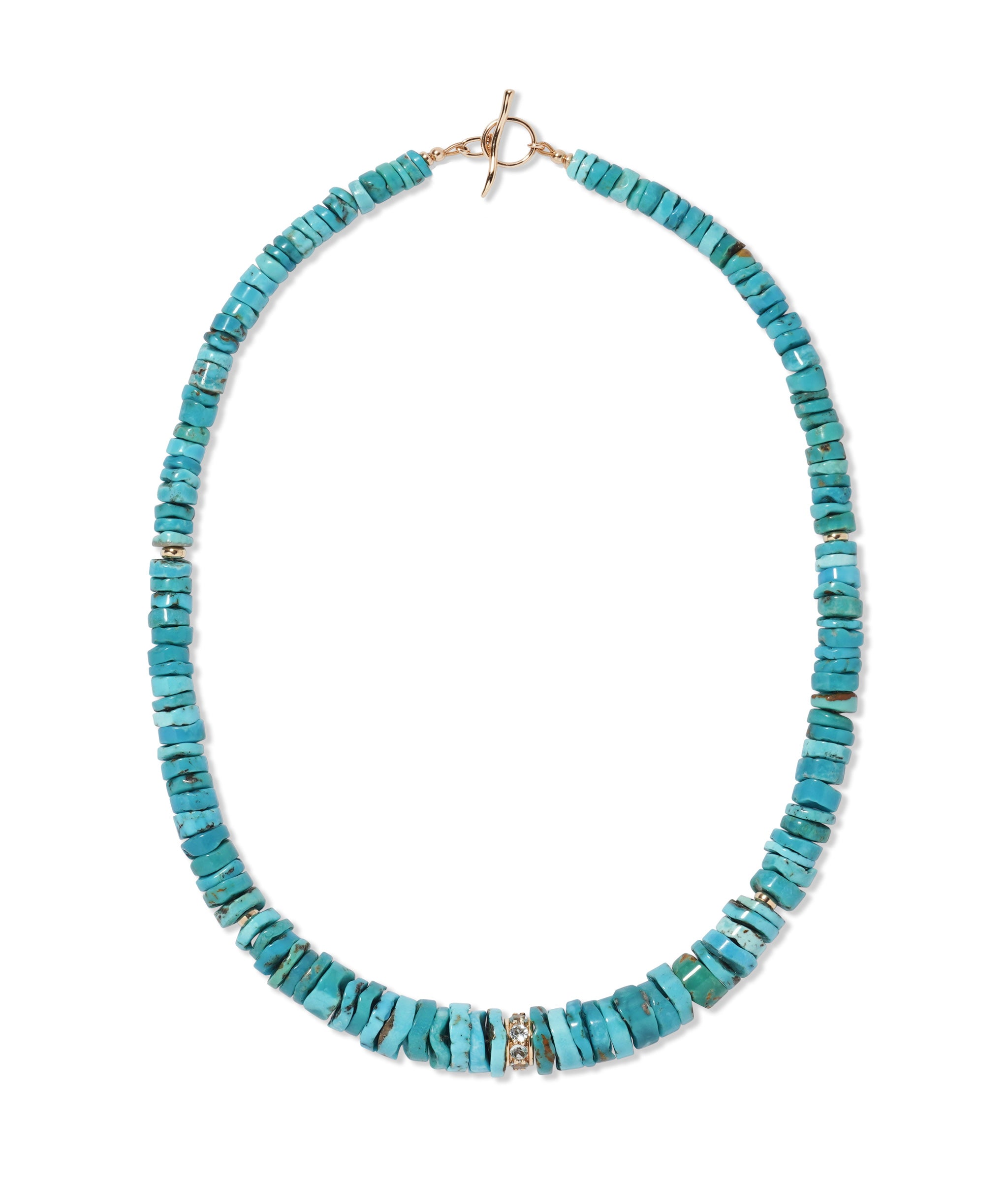 Turquoise, Sky Blue Topaz & 14k Gold Necklace on a blank background