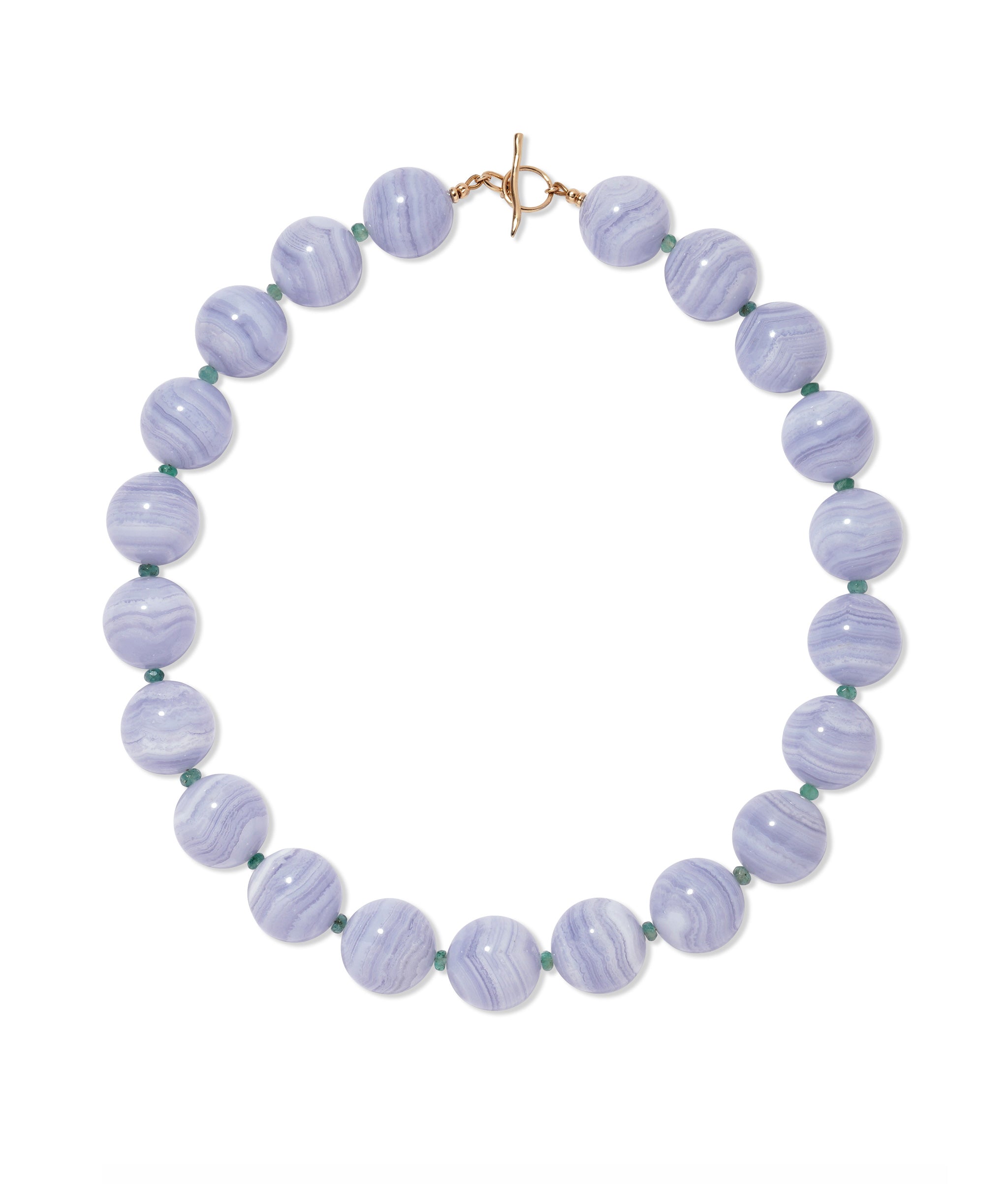 Blue Lace Agate, Emerald & 14k Gold Necklace. Blue Lace Agate round beads, emerald accents, with gold toggle closure.