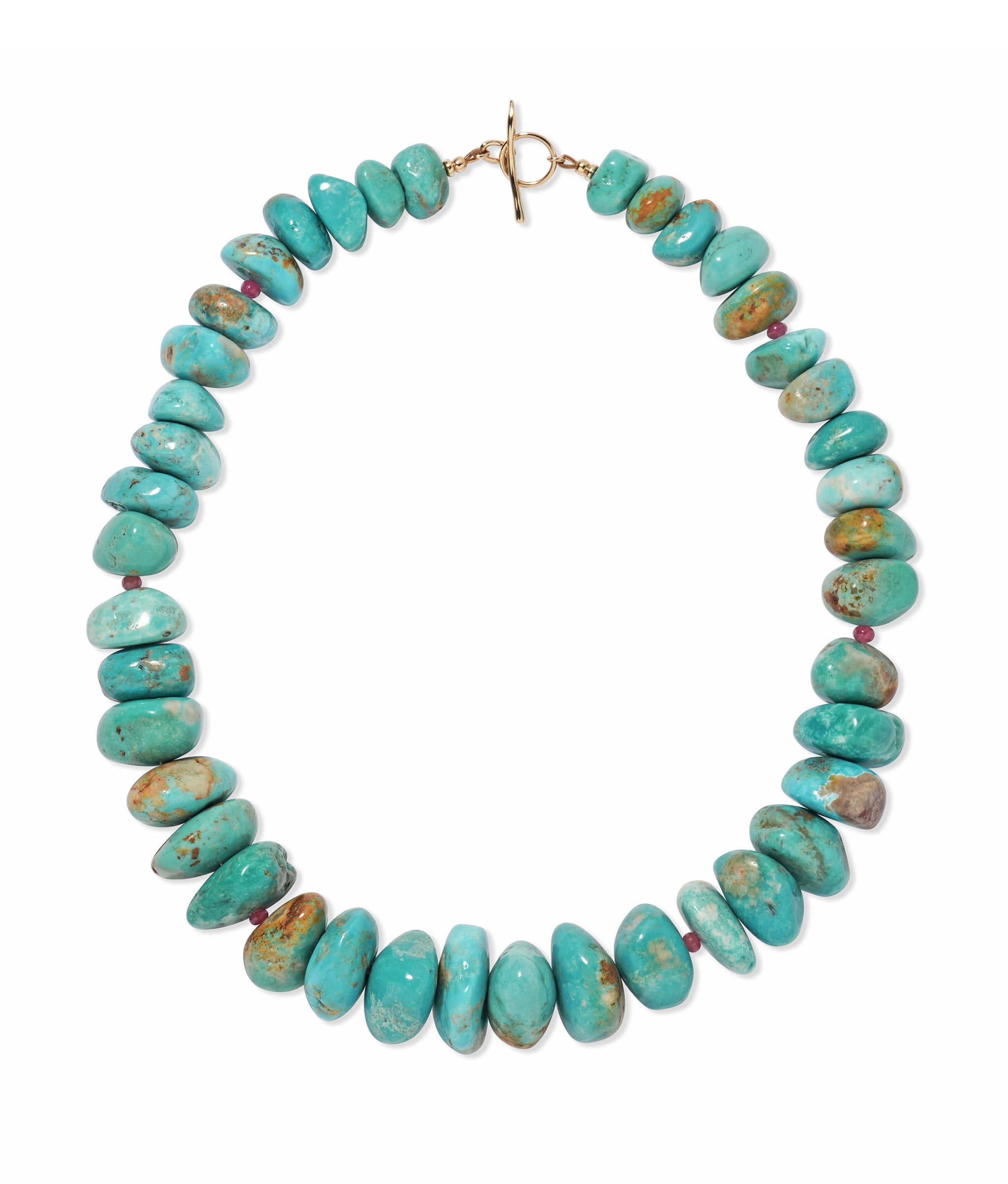 Turquoise, Ruby & 14k Gold Necklace. Large turquoise nuggets dotted with tiny ruby beads.