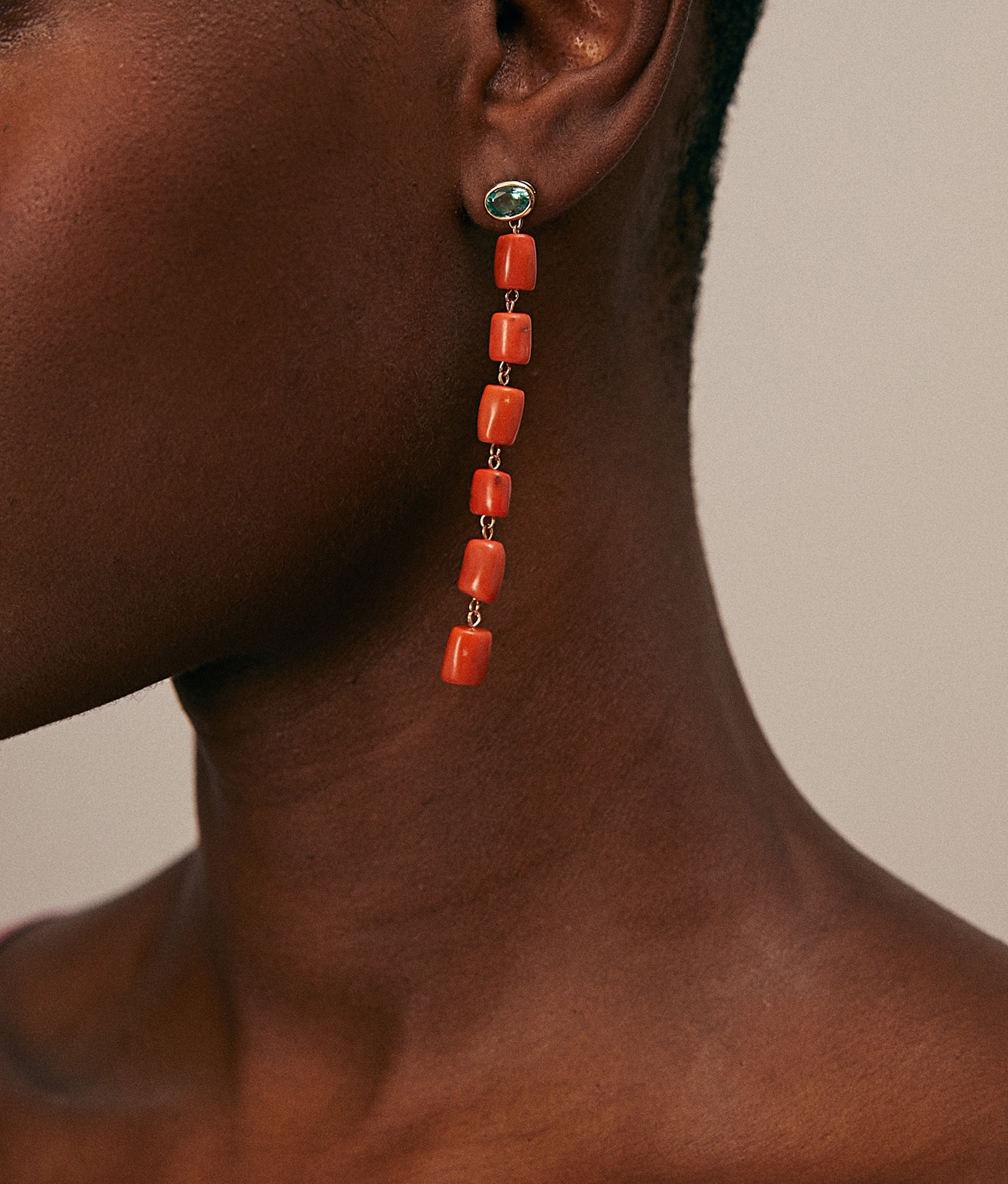 14k Gold Column Earrings in Green Quartz & Antique Mediterranean Coral