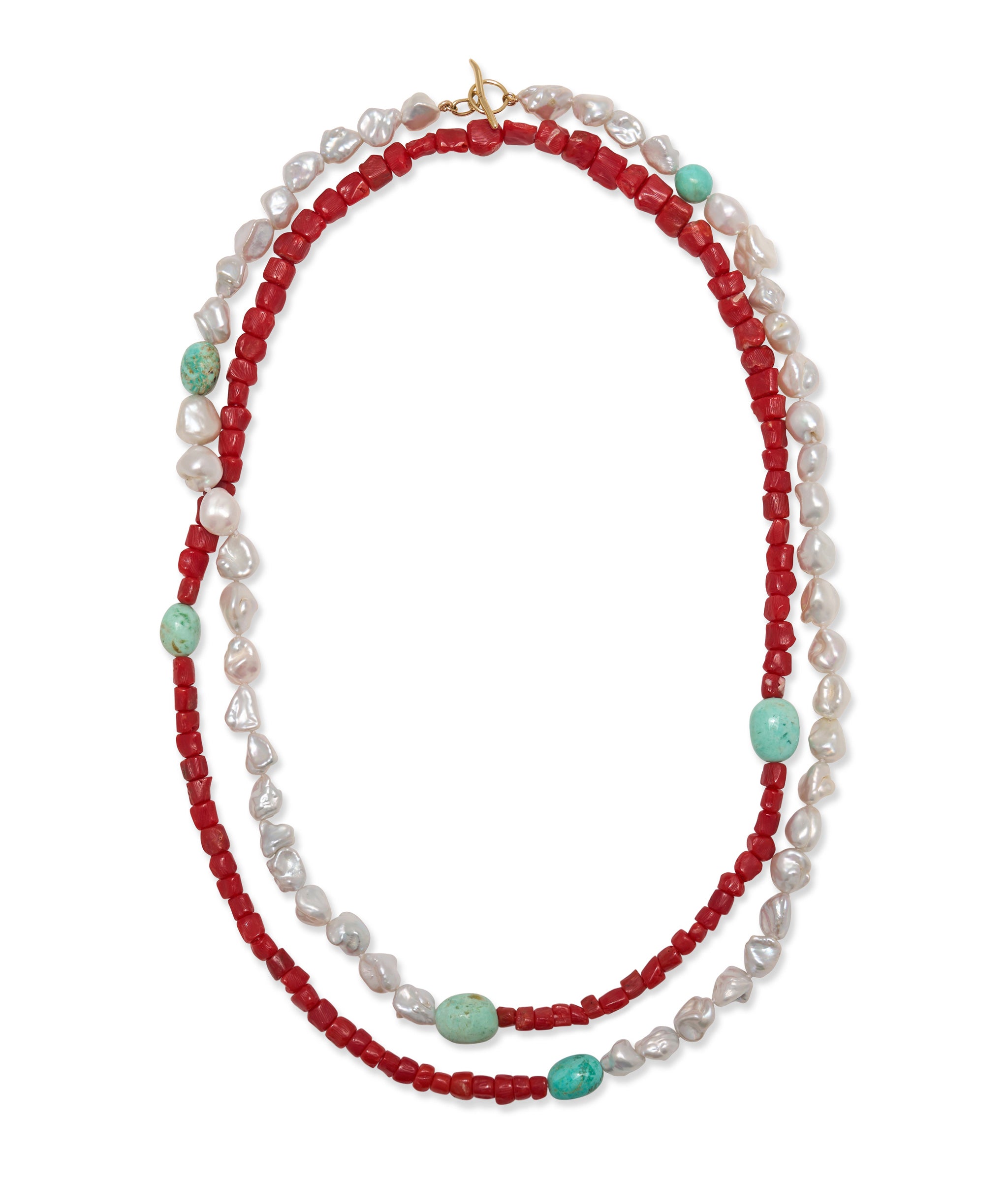 14k Gold Cabana Necklace in Mediterranean Coral, Pearl & Turquoise