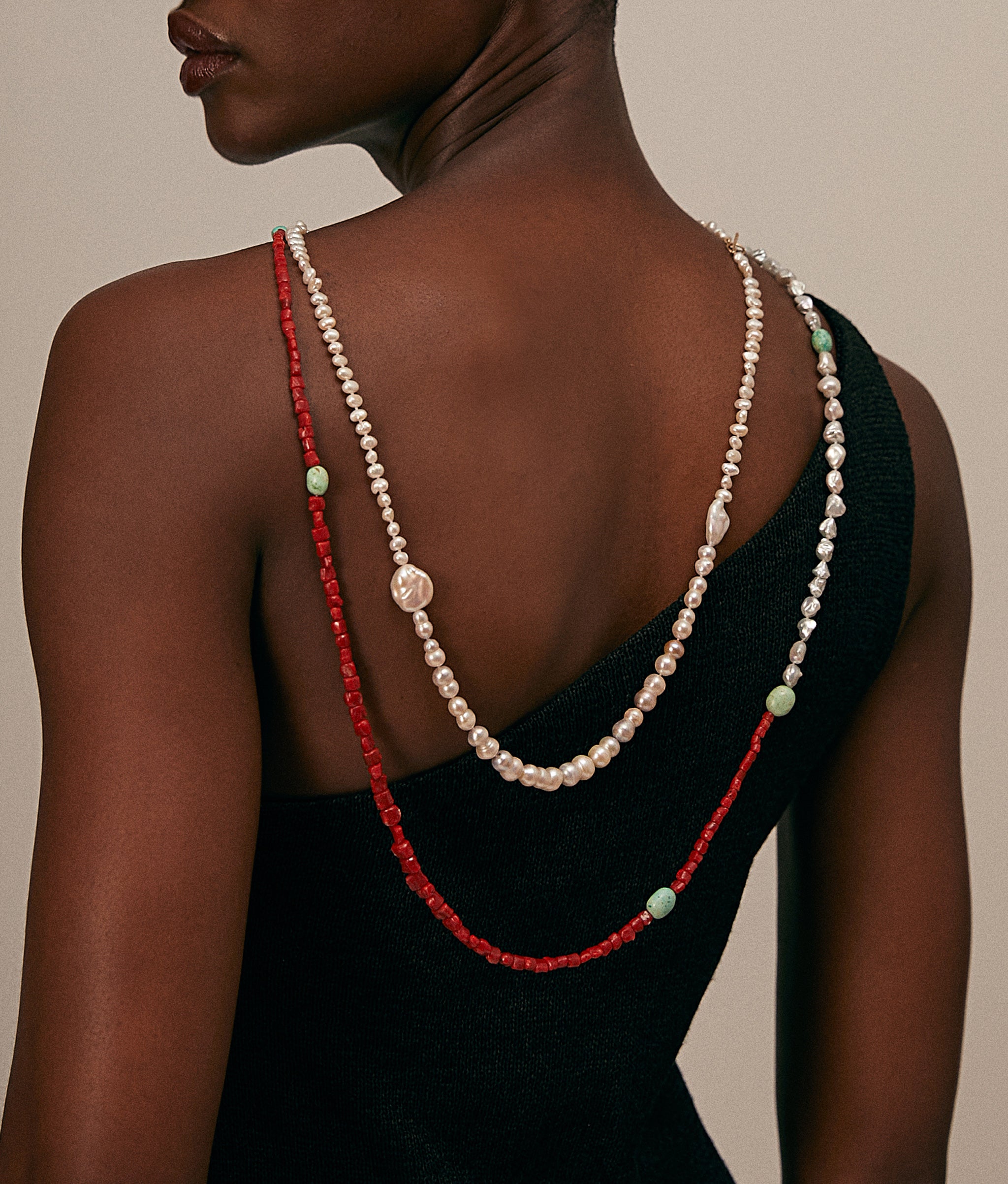 14k Gold Cabana Necklace in Mediterranean Coral, Pearl & Turquoise