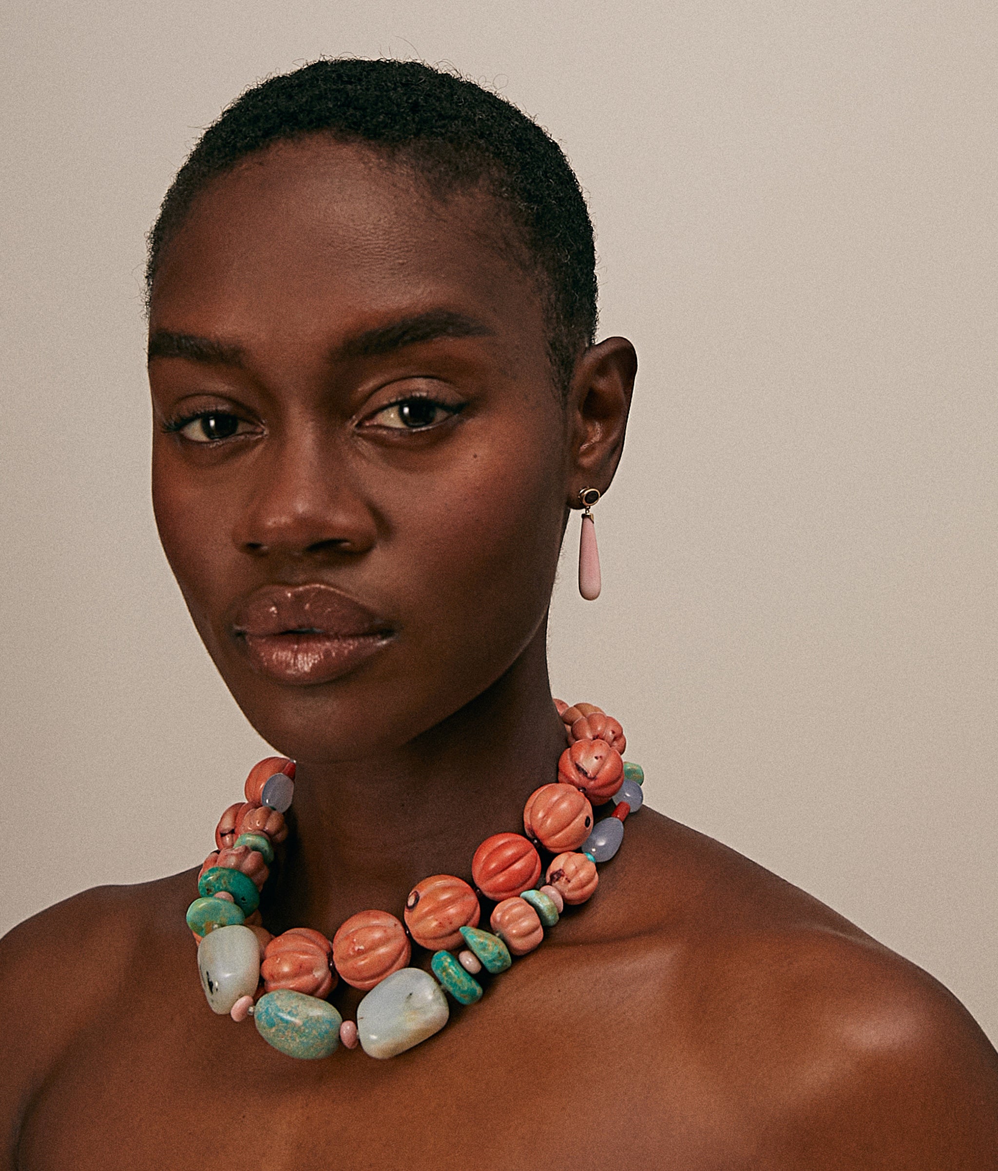 Mixed Turquoise, Opal & Carved Coral 14k Gold Necklace