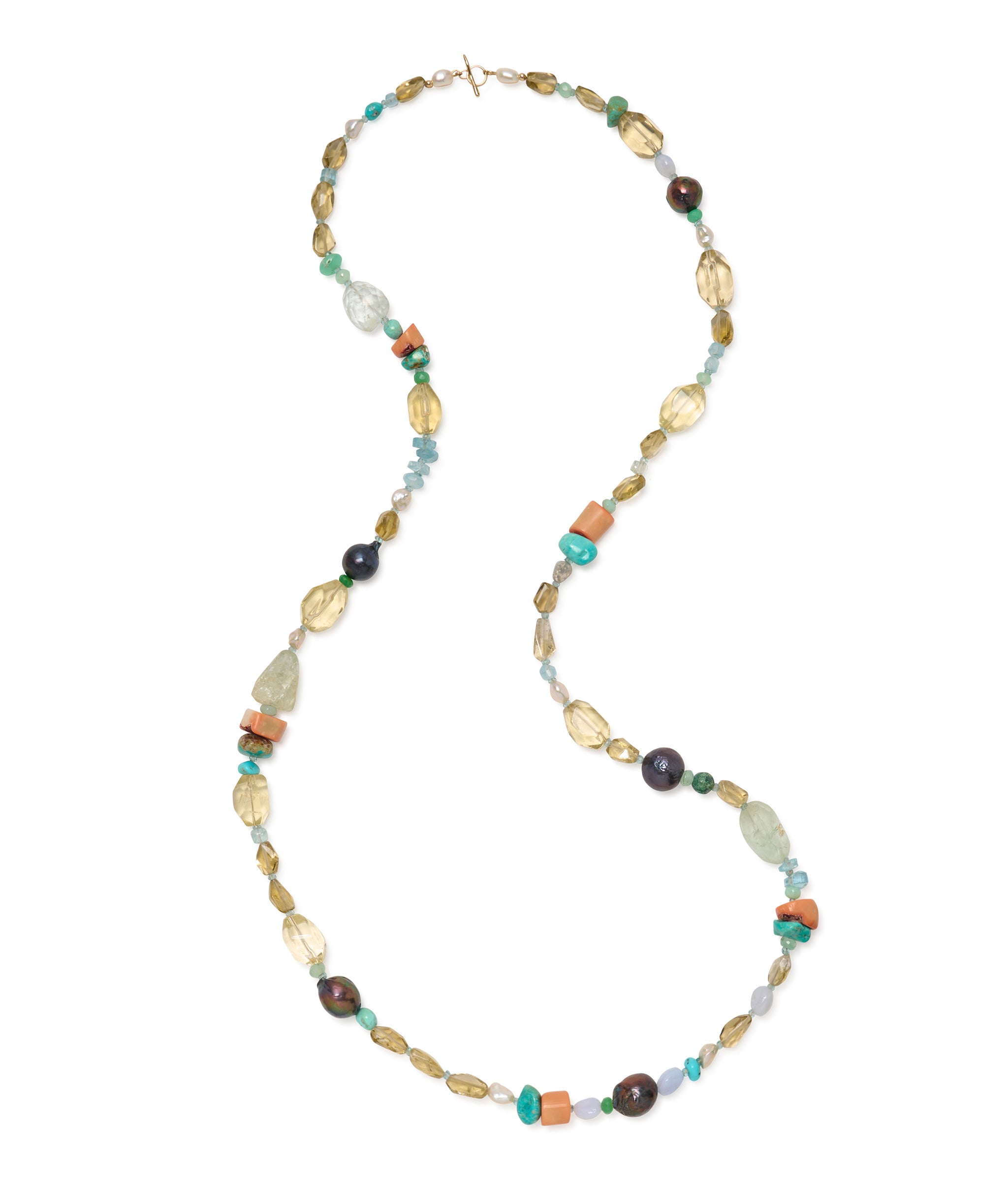 14k Gold Double-Wrap Necklace in Mixed Citrine, Aquamarine, Blue Chalcedony, Coral & Pearl