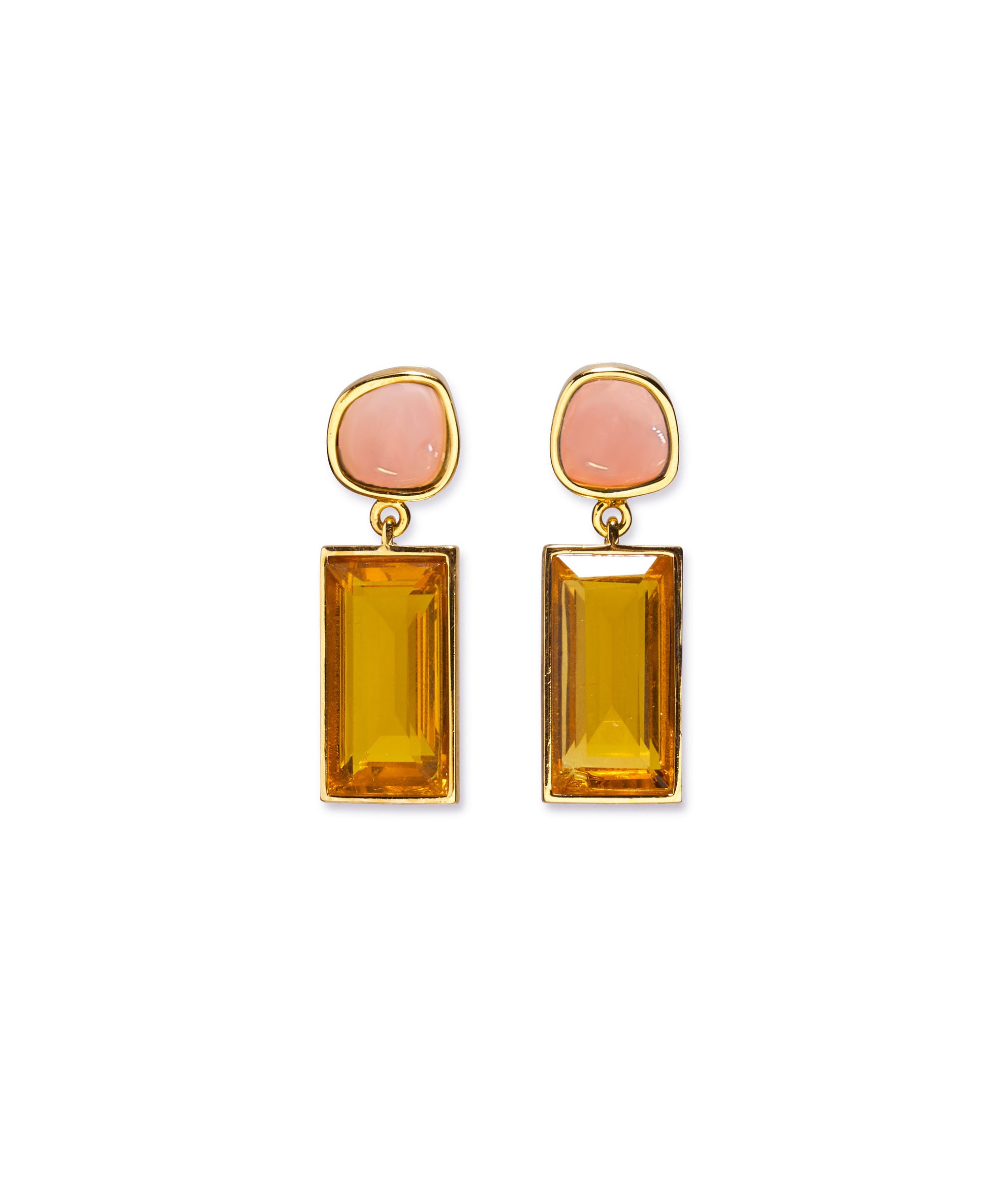 Crystal Column Earrings in Sunset. Gold-plated column earrings with pink opal tops and faceted orange quartz rectangles.