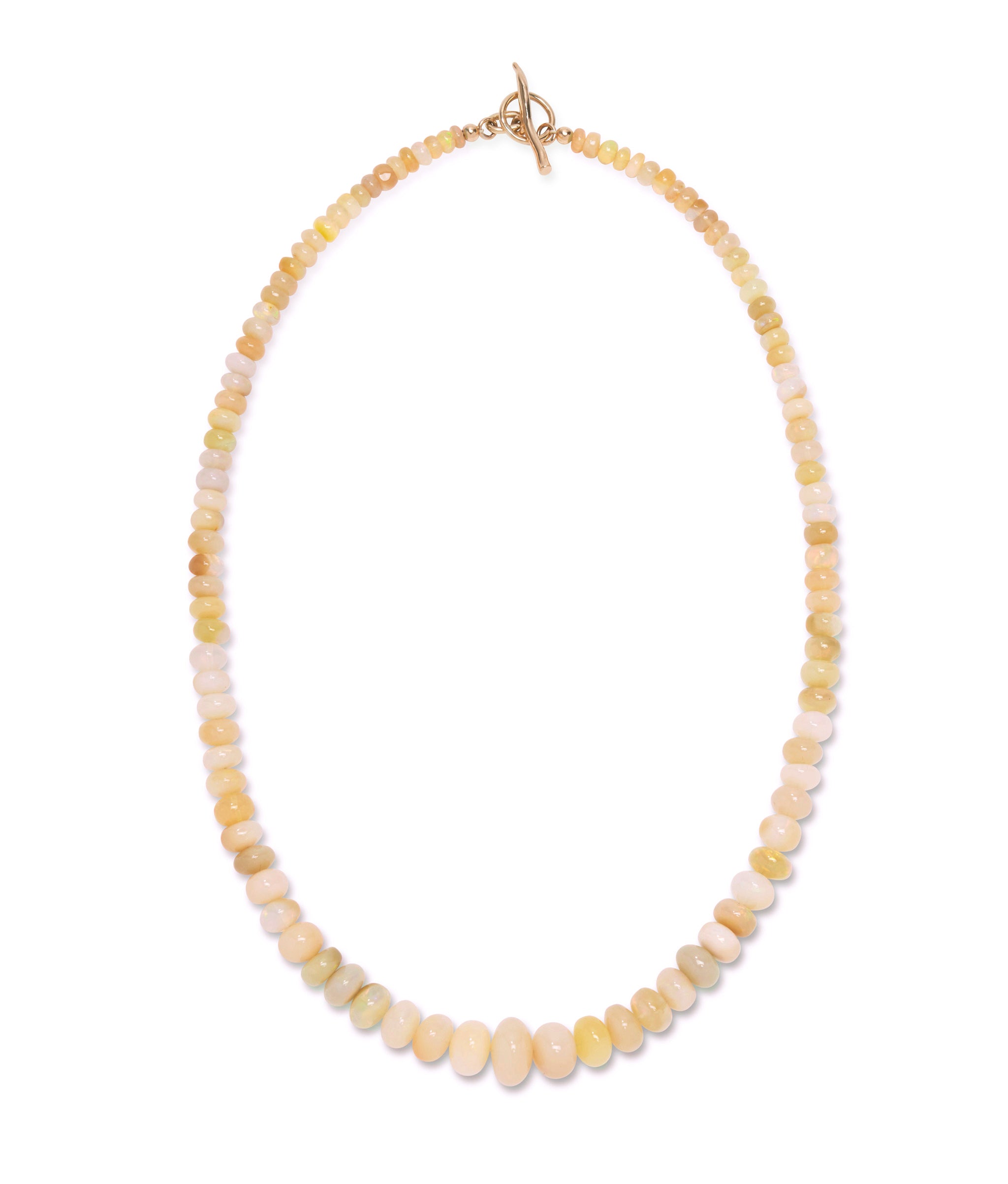 14K Opal Single Strand Necklace. Graduated opal beads with gold ring and toggle closure.