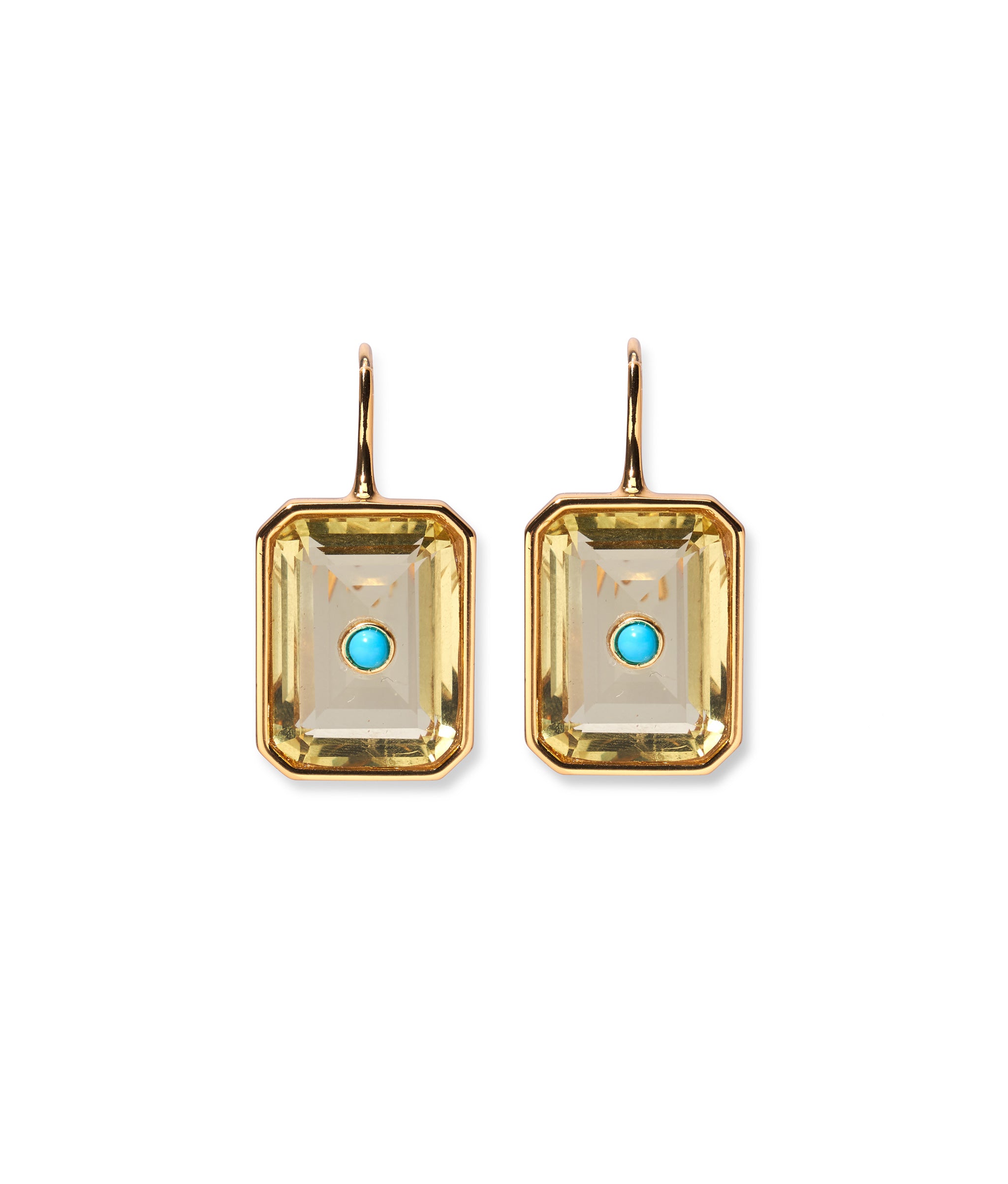 Tile Earrings in Pineapple. In gold with yellow colored glass rectangle baguettes inset with turquoise cabochons.