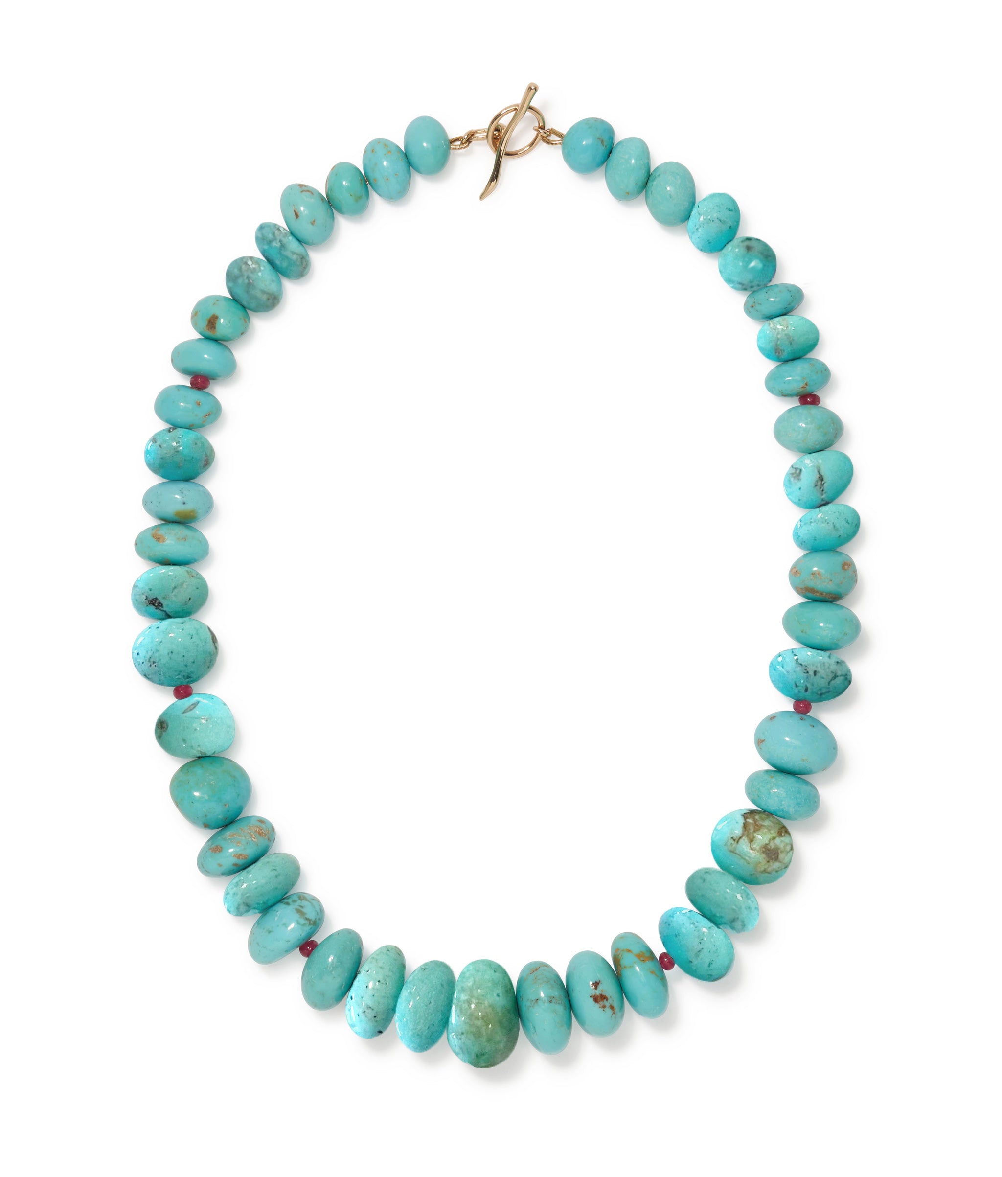 Large Graduated Turquoise & 14k Gold Necklace. Chunky blue-green turquoise beads dotted with tiny rubies, with gold closure.