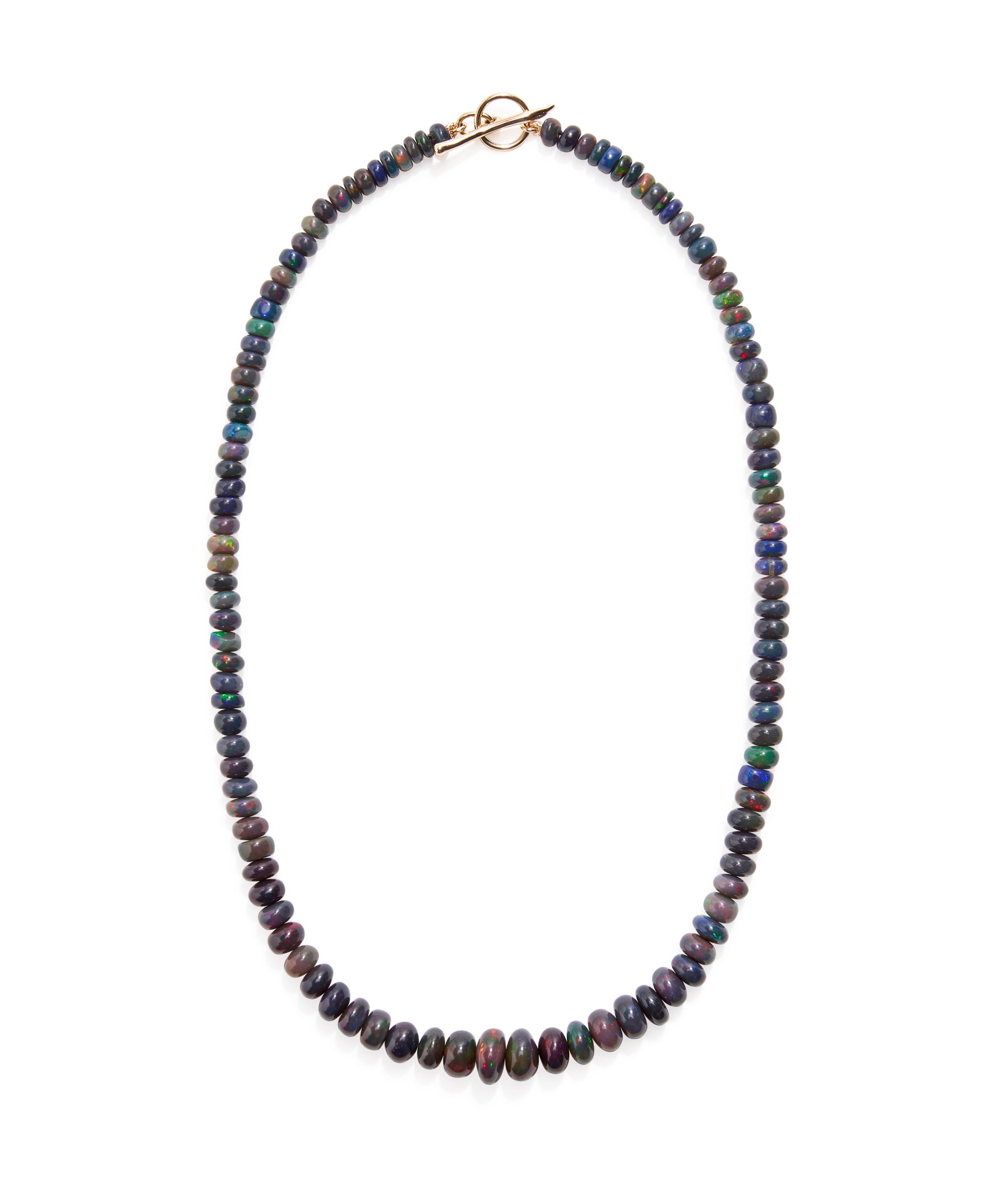 Black Opal and 14k Gold Necklace. Graduated small black opal bead with gold toggle and ring closure.