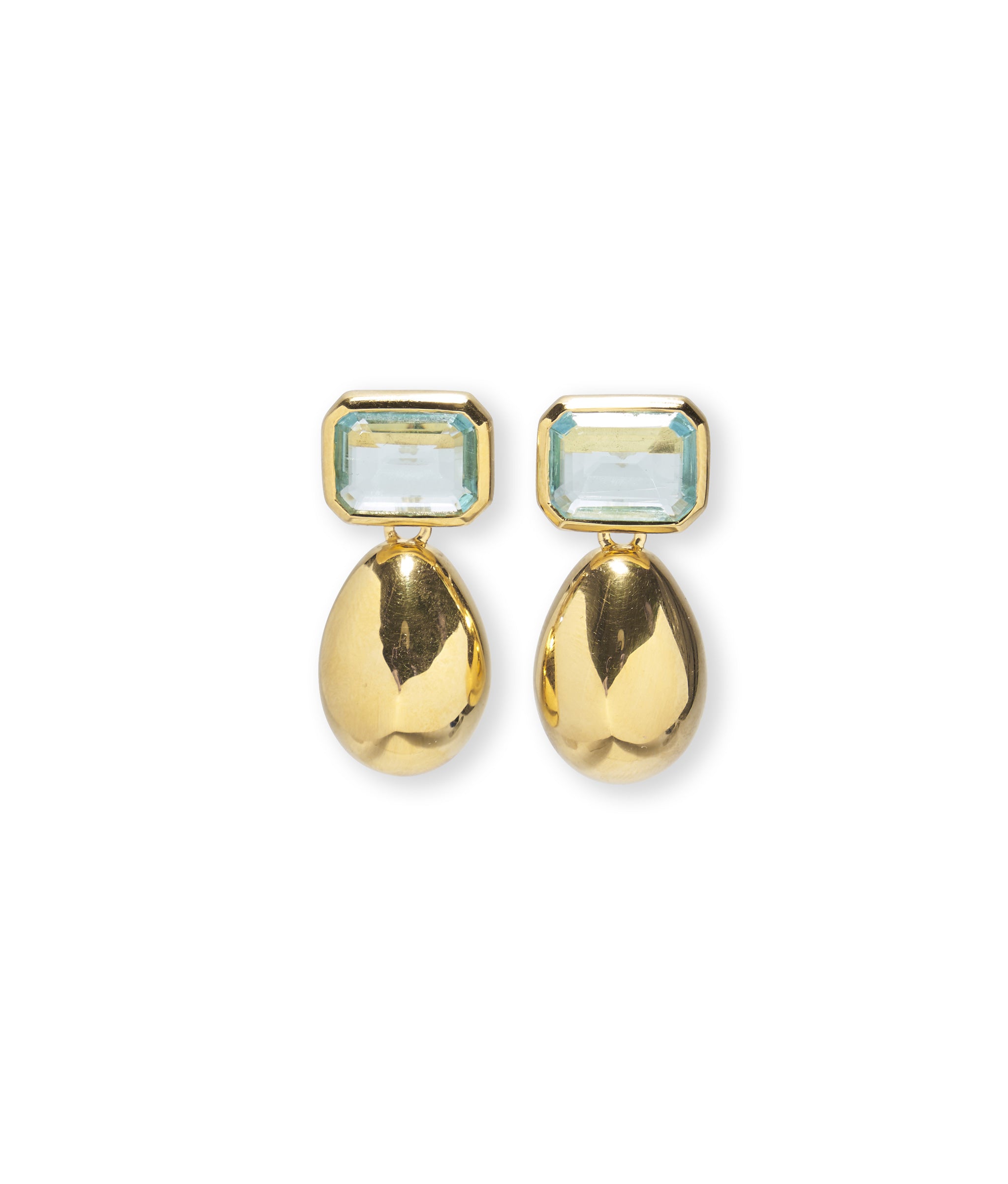 Bean Earrings in Gold. Faceted sky blue topaz baguette tops with gold 'bean' drops.