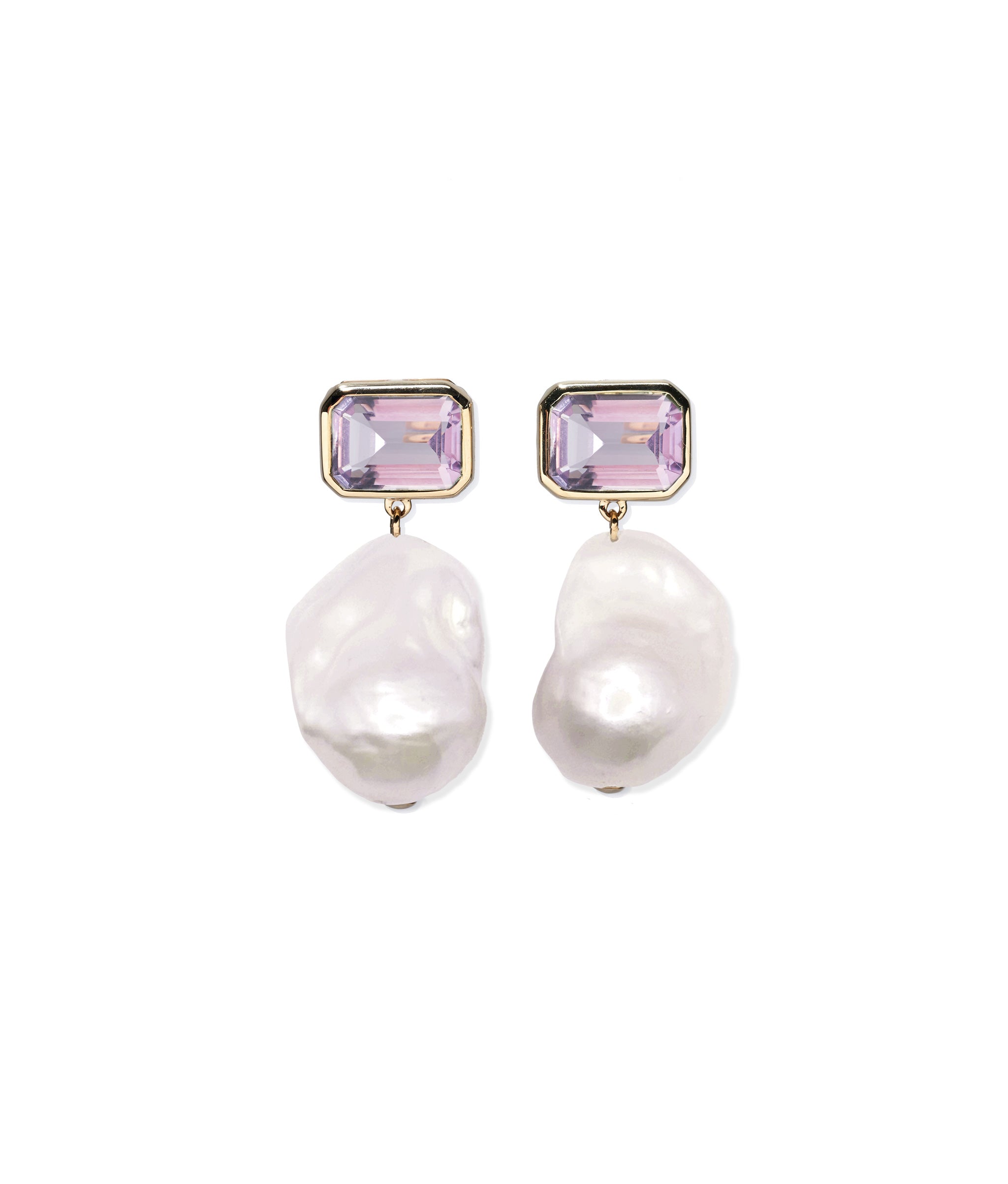 14k Gold Juno Earrings in Pink Amethyst. Pair with alternate-shaped pearls.