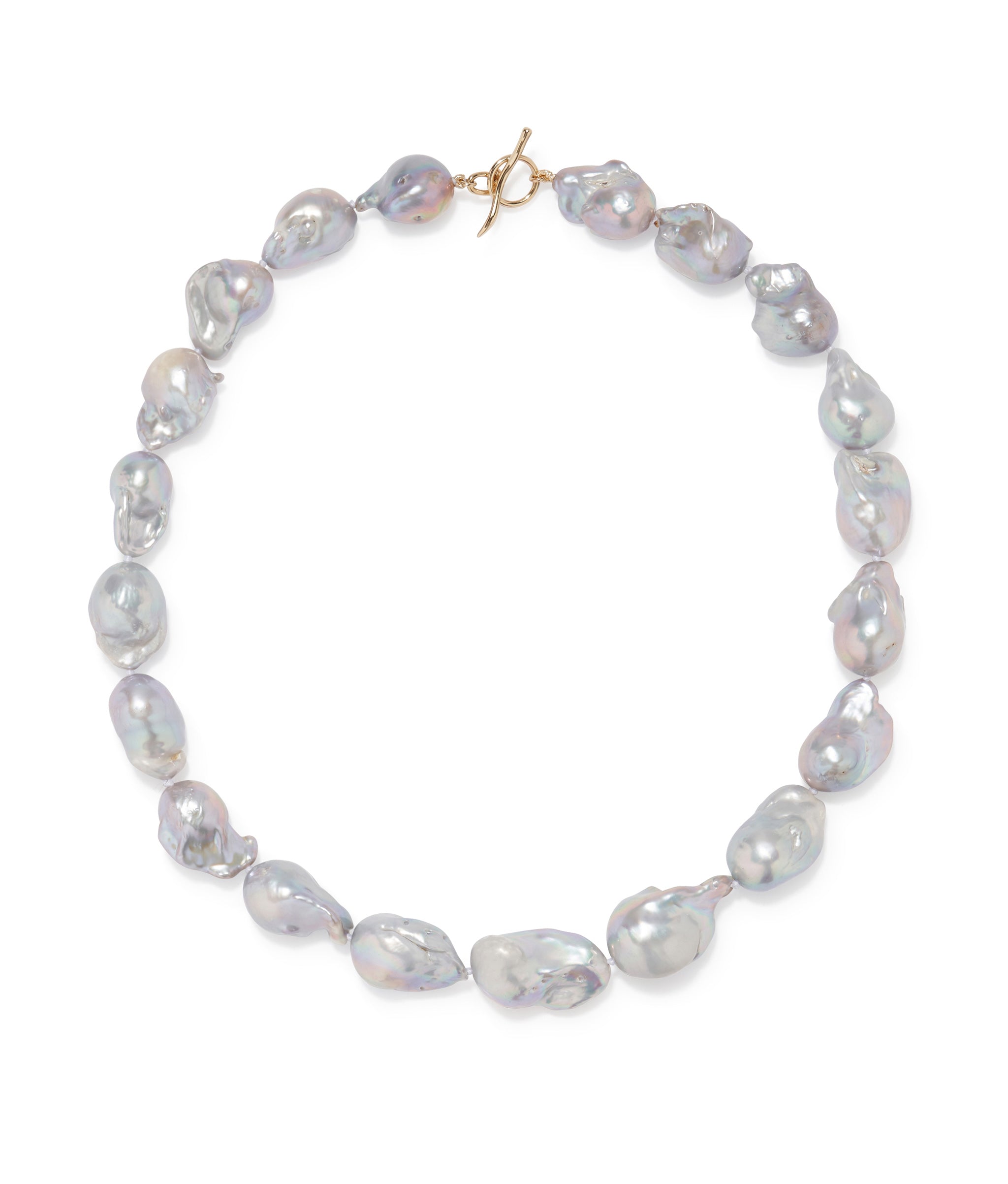 Silvery Gray Baroque Pearl & 14k Gold Necklace. Medium irregular gray pearl necklaces with gold toggle closure.