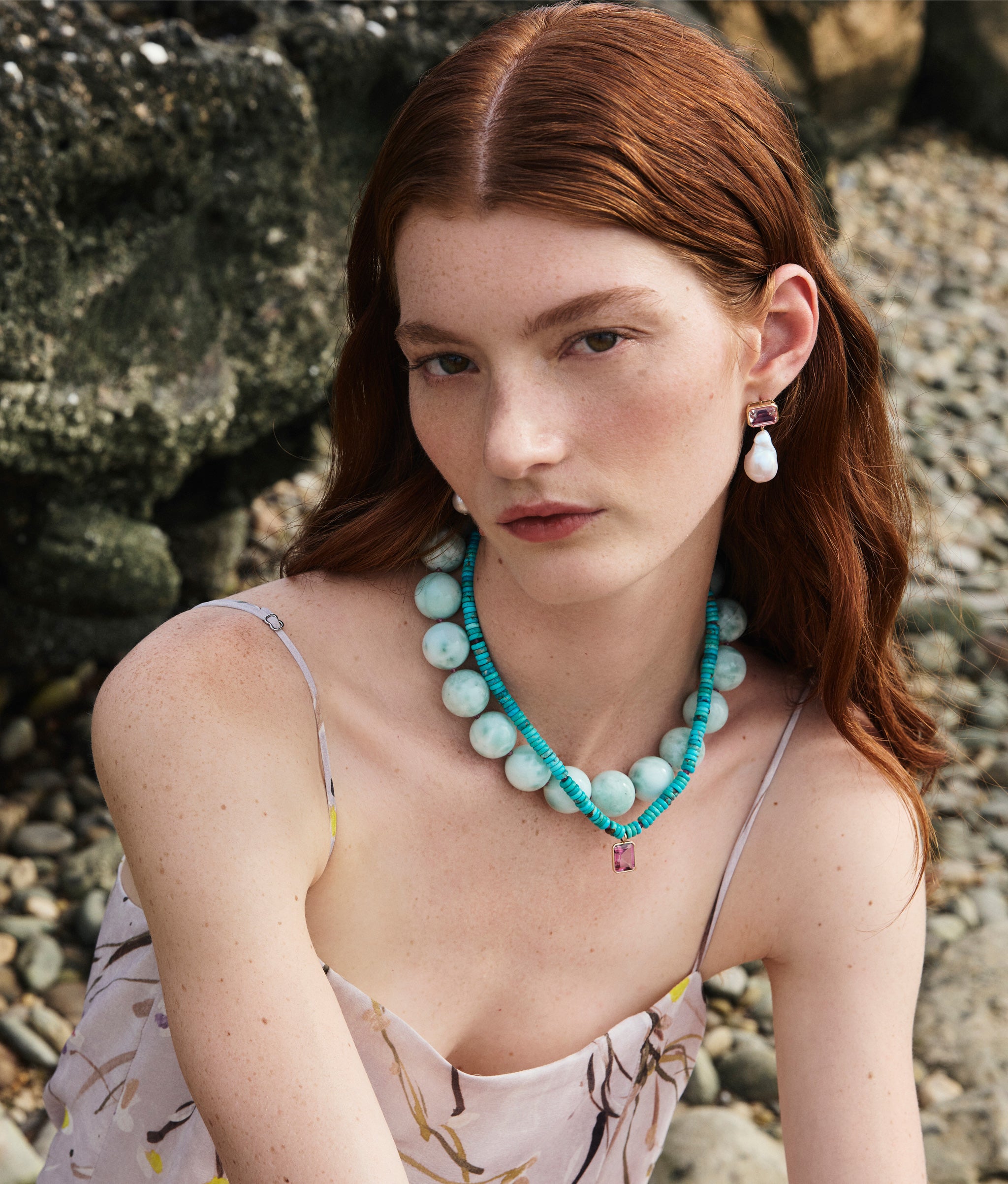 Model wears Turquoise & Pink Topaz Necklace, Green Angelite Necklace and Juno Earrings.