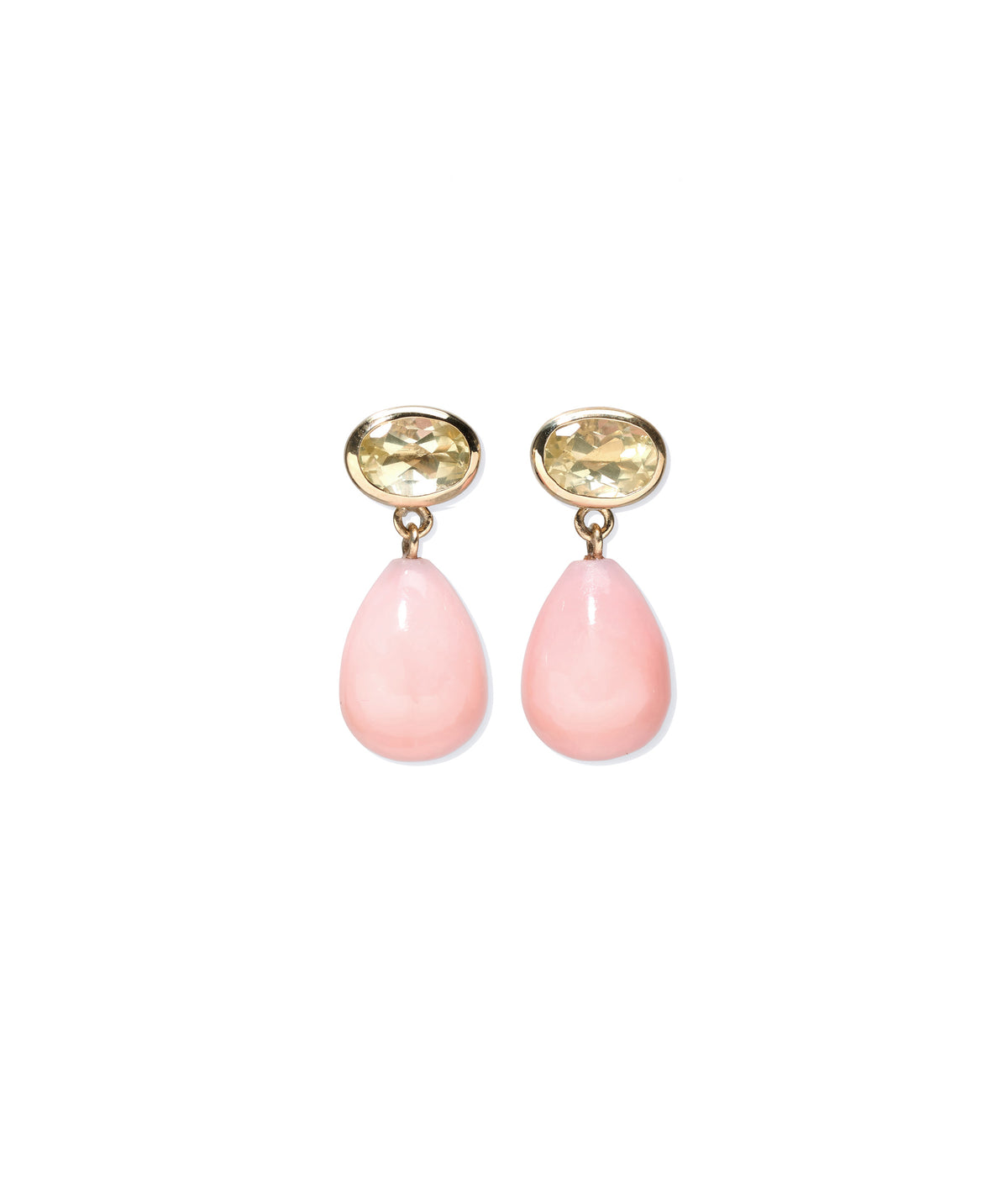 14k Gold Drop Earrings in Lemon Quartz & Pink Opal. With faceted lemon quartz oval tops and carved pink opal drops.