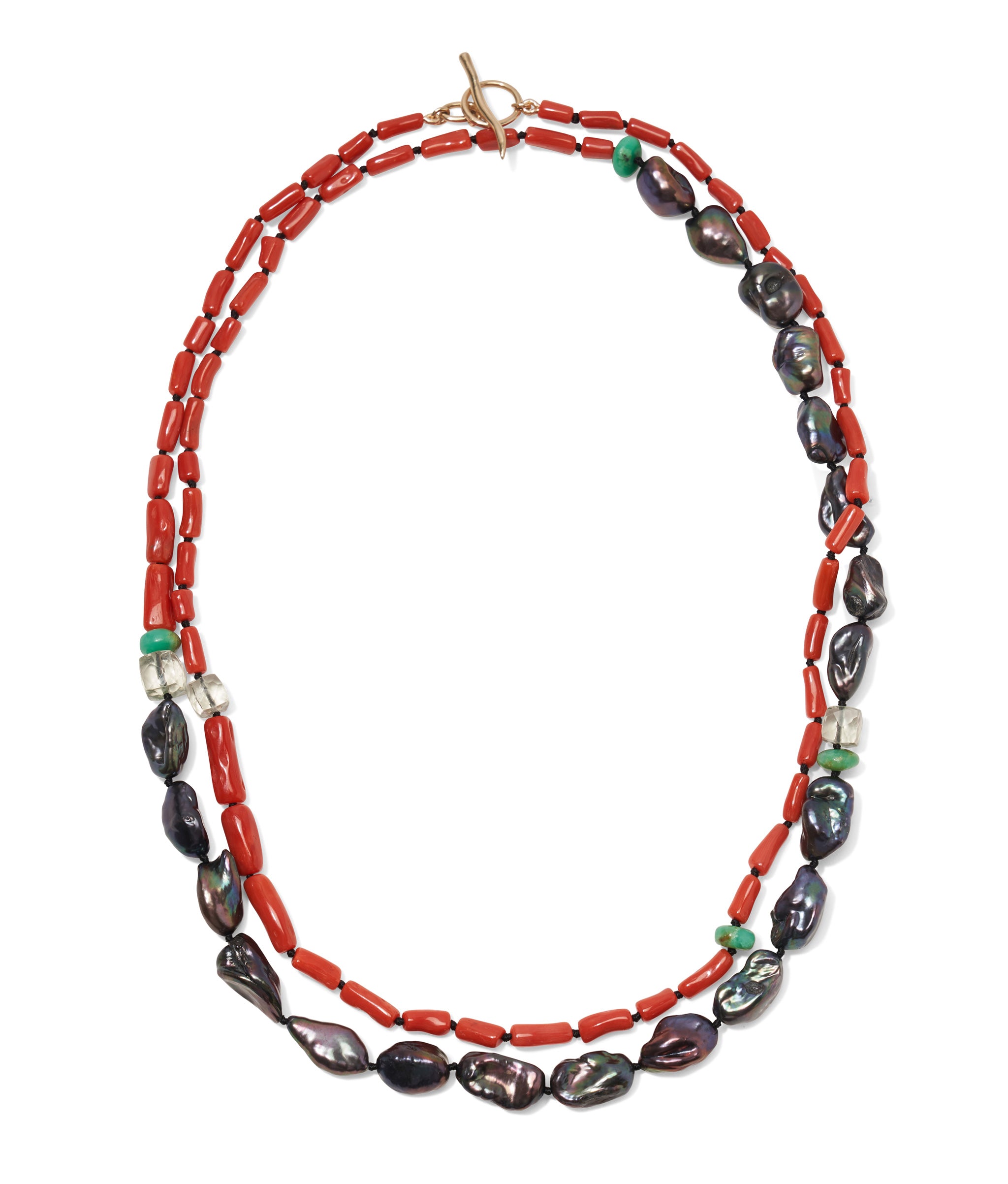 14k Gold Cabana Necklace in Coral & Pearl