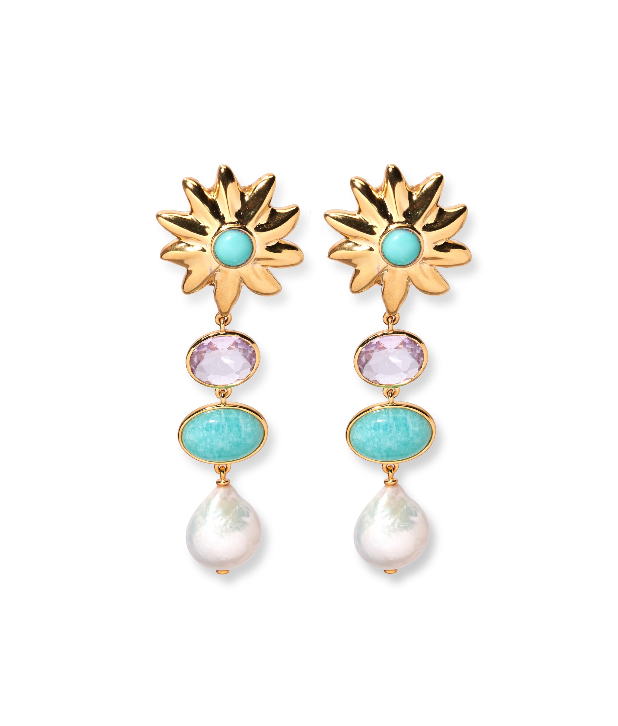 Aphrodite Earrings. With etched gold starburst tops set with turquoise, and pink amethyst, amazonite and pearl drops. 