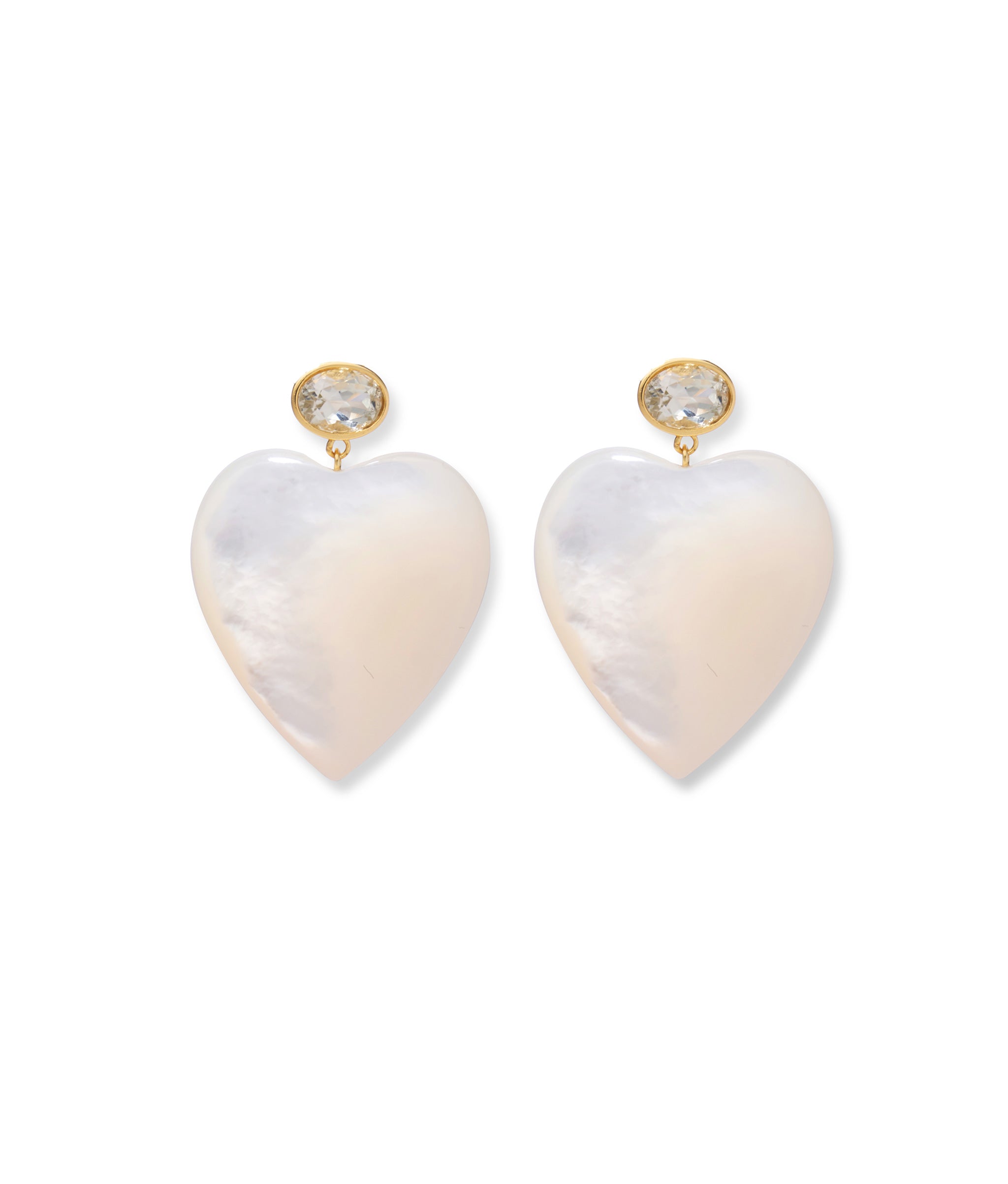 Valentina Earrings. With faceted green amethyst tops and large hanging mother-of-pearl heart drops.