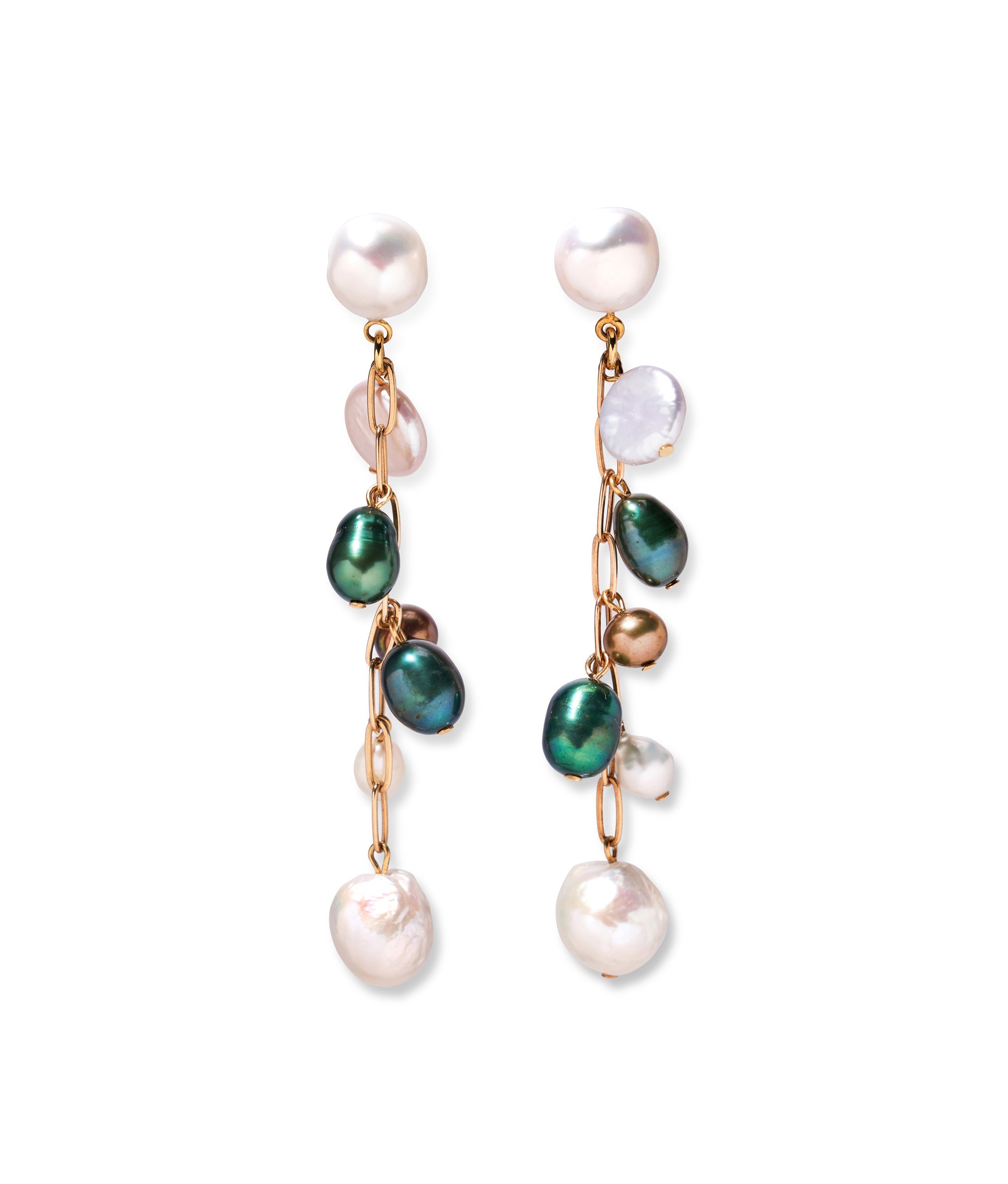 Lighting Field Earrings. Gold-plated chain with pearl tops and hanging white, gray, and green freshwater pearls.