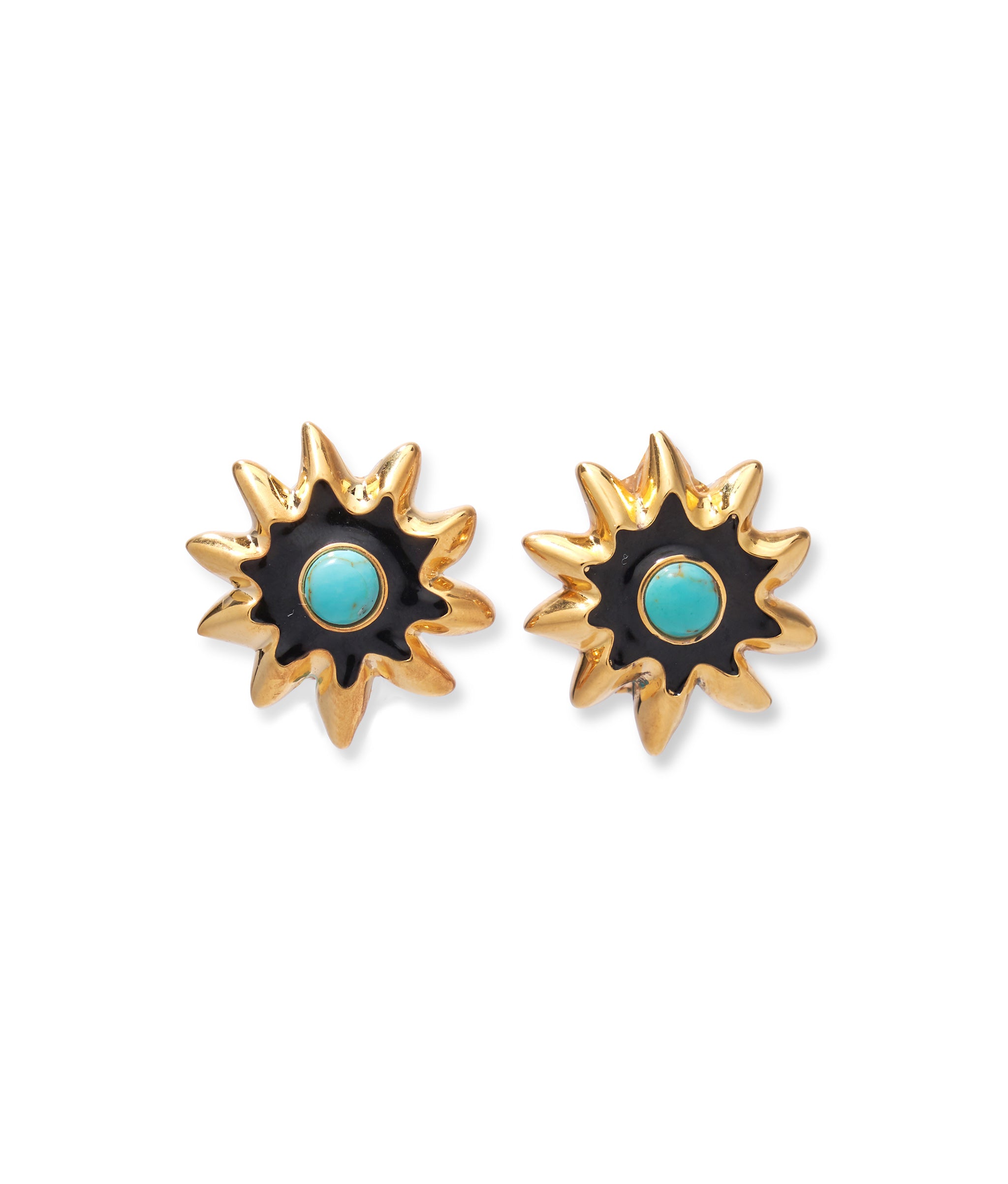 Helios Stud Earrings. Gold-plated brass and black enamel starbust studs with turquoise cabochons.