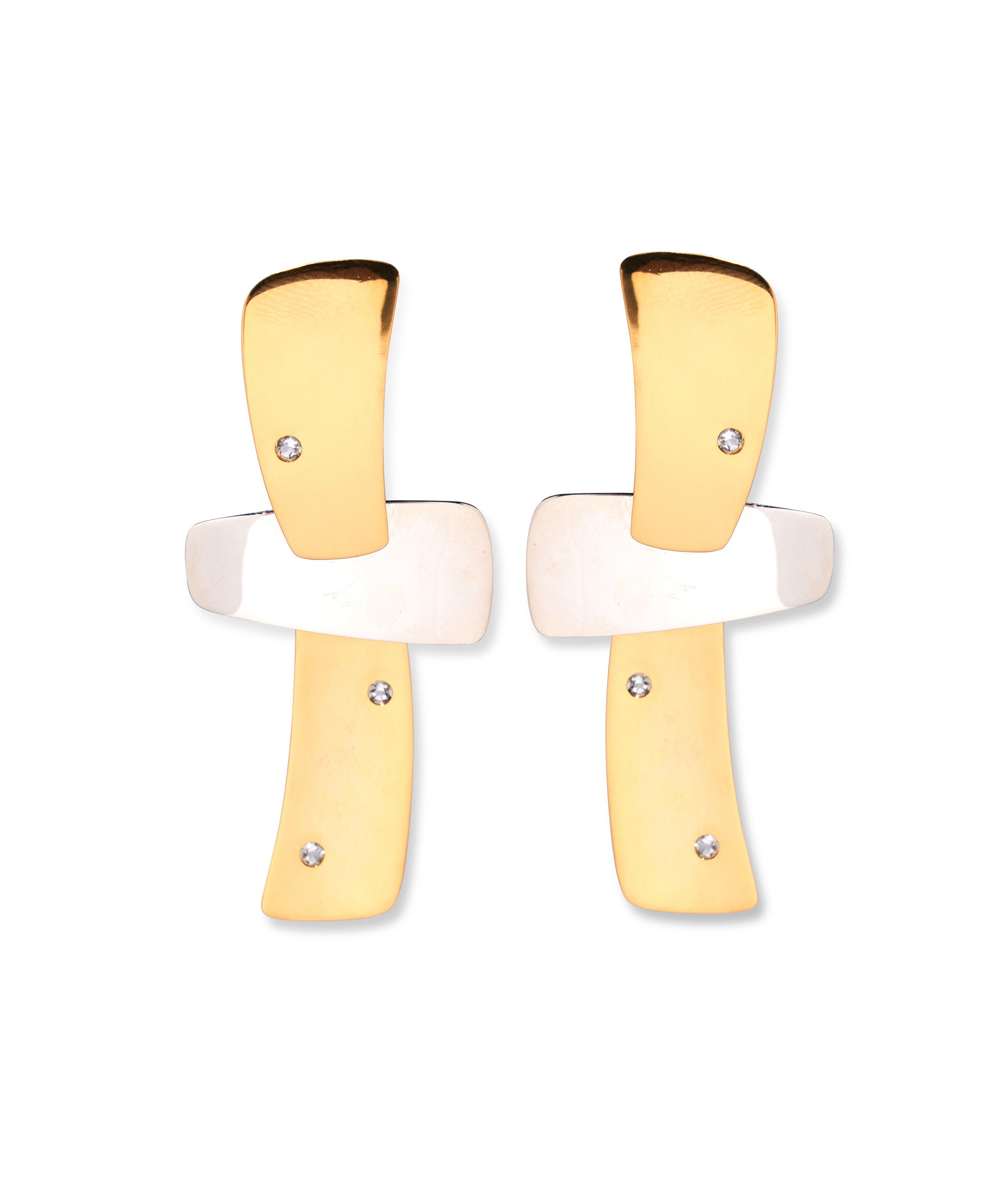 Ernesto Earrings in Mixed Metal. Large gold and silver sculptural earrings inlaid with small green amethyst stones.