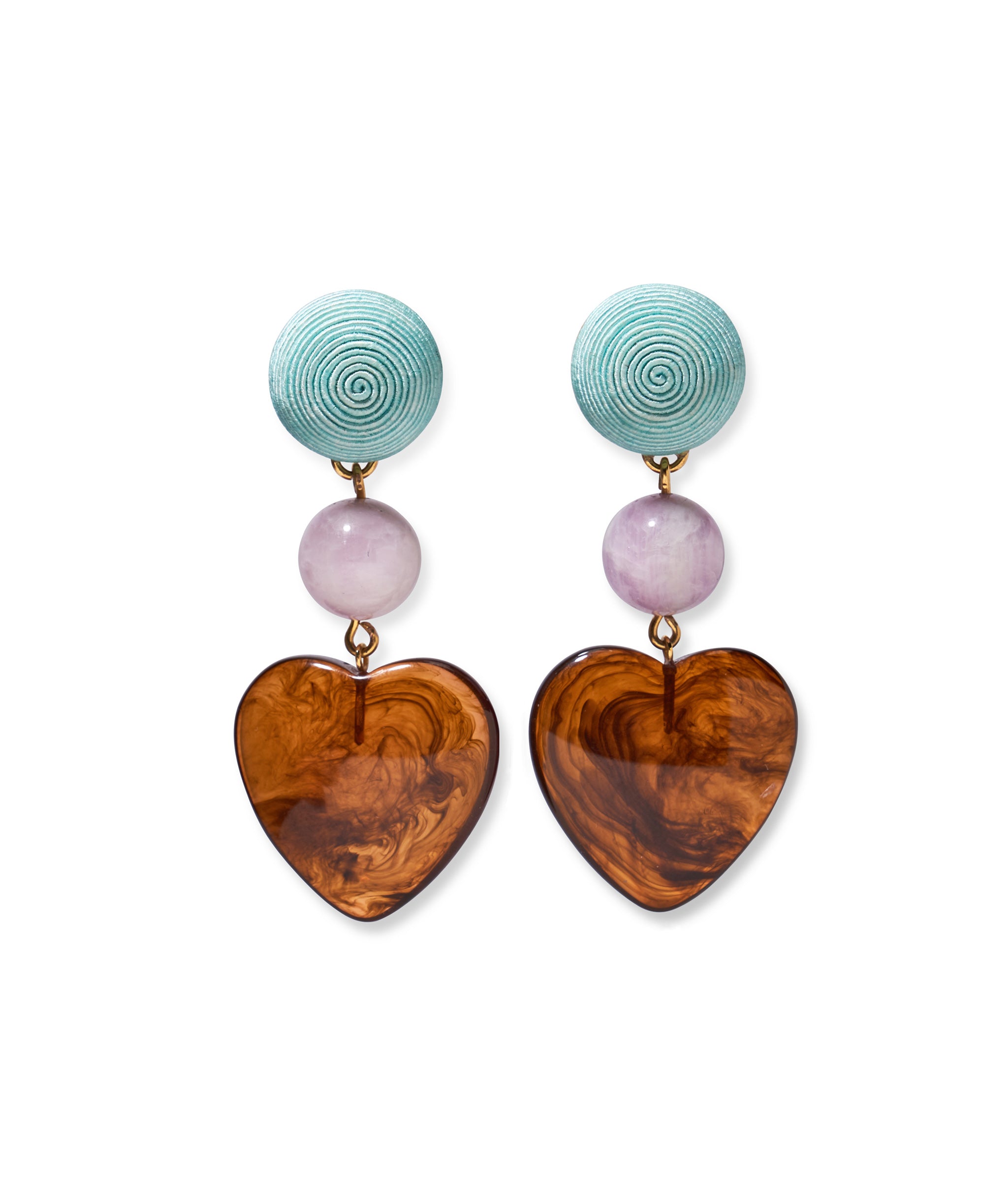 Long Weekend Earrings. In gold with woven aqua silk cord tops, kunzite rounds, and hanging tortoise resin hearts. 