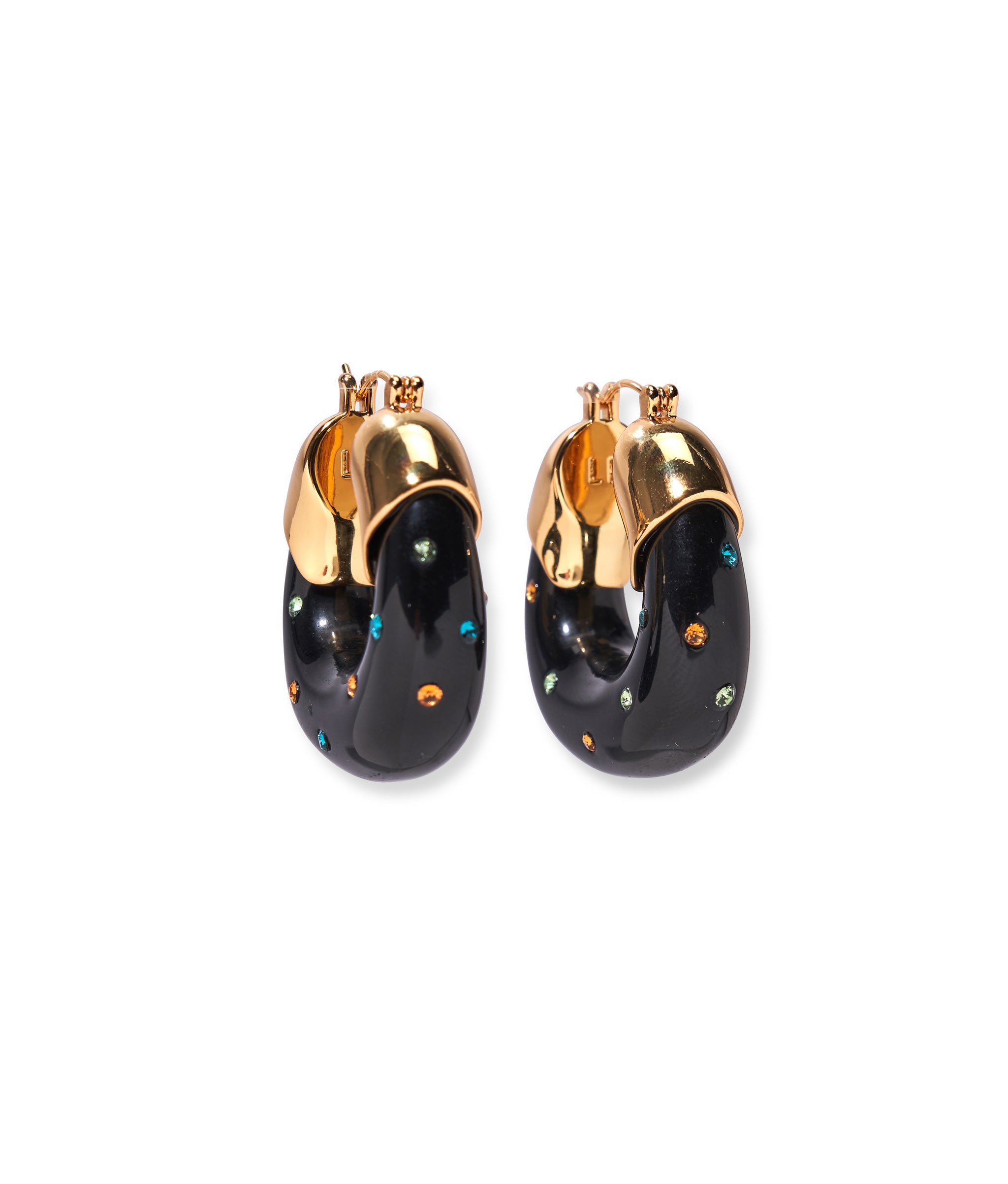Organic Hoops in Studded Onyx. Gold-plated brass tops with black resin hoops inset with small multicolored crystals.