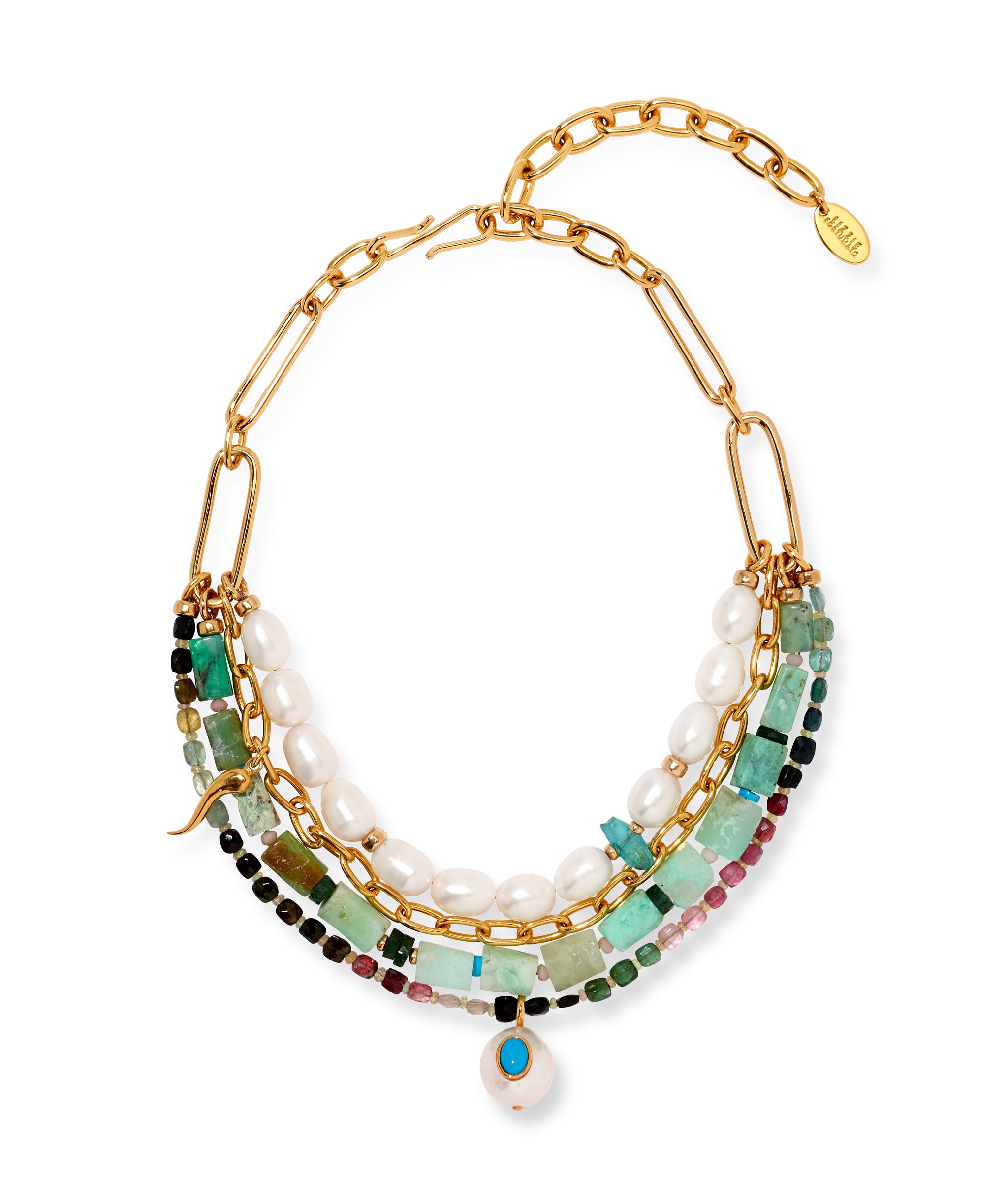 Vizcaya Necklace in Mint. Multi-strands with gold chain, pearl, green chrysoprase beads and pearl and turquoise charm.