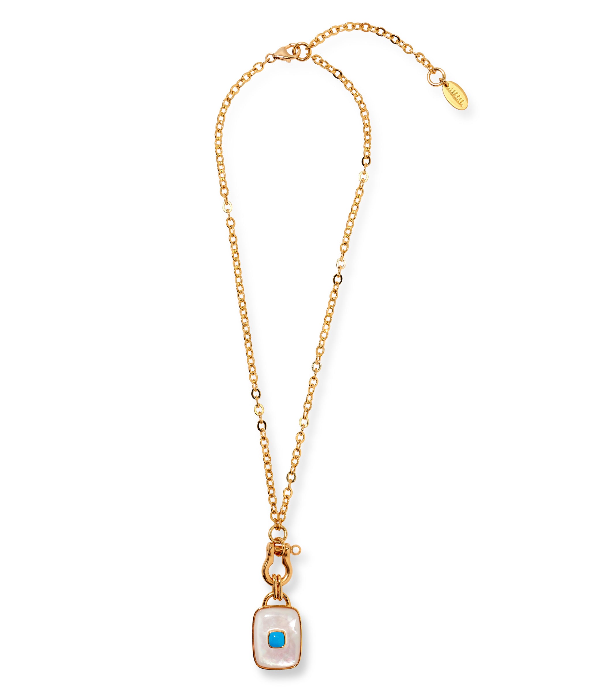 Ancient City Necklace in Pearl.  Gold-plated chain with rectangular cushion-cut pearl pendant inlaid with turquoise.