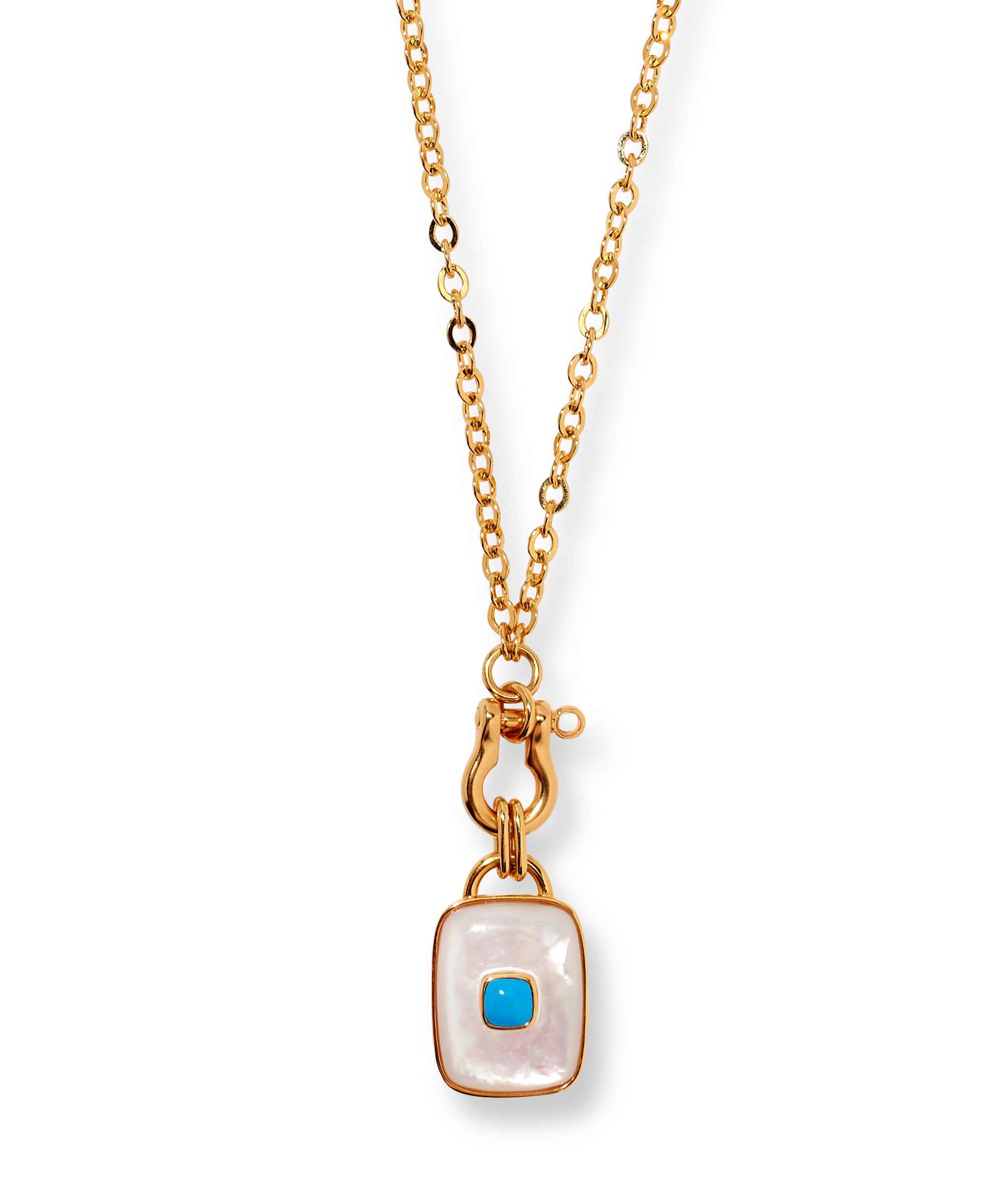Close-up of mother-of-pearl and turquoise pendant on the Ancient City Necklace in Pearl.