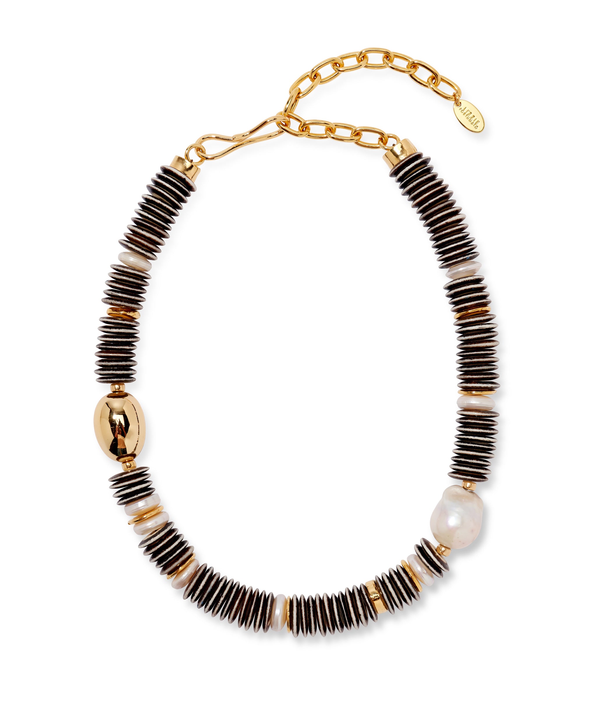 Prairie Necklace in Zebra. Black and white rustic bone beaded collar with gold beads and large freshwater pearl accents.
