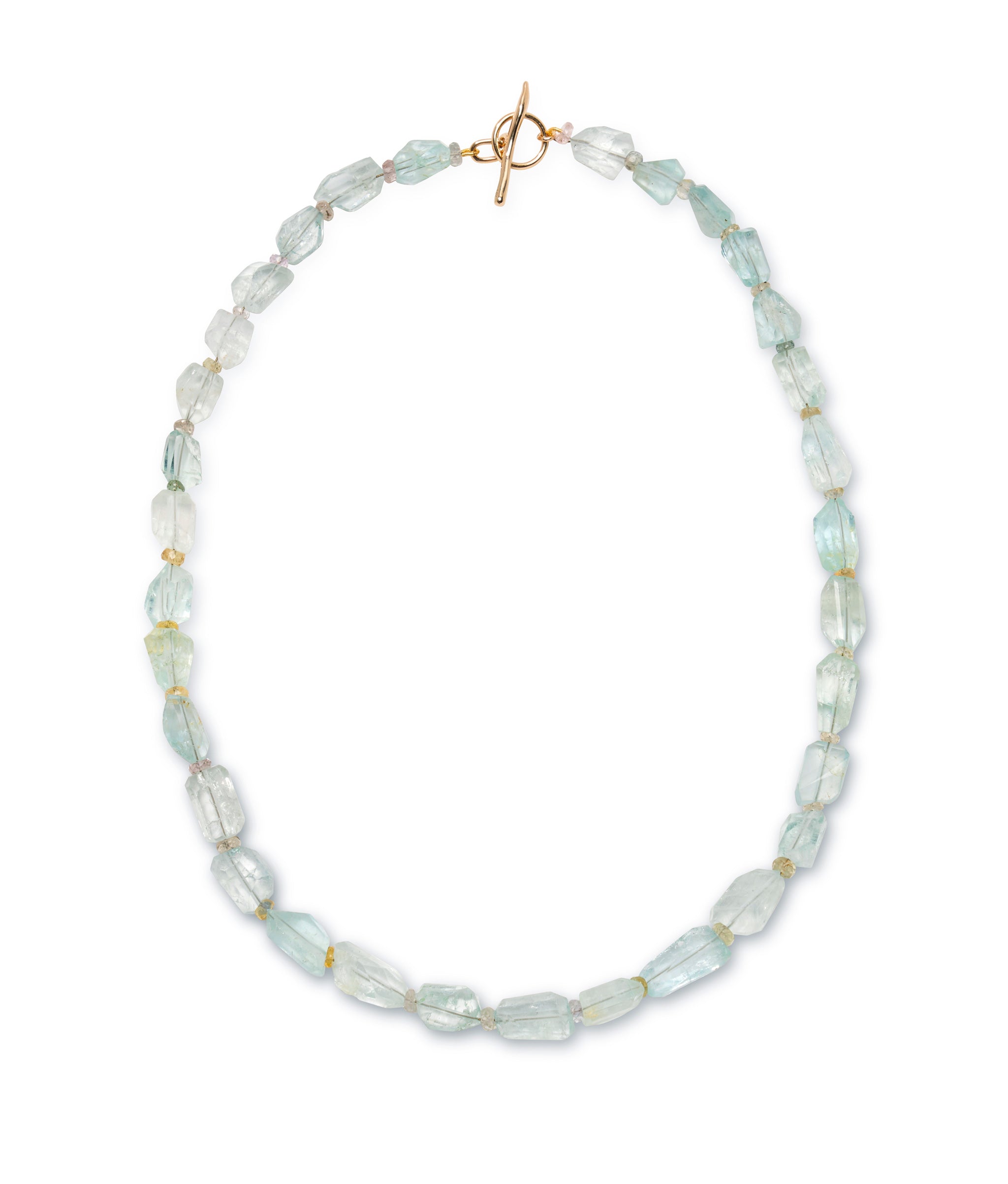 Aquamarine Nugget & Sapphire 14k Gold Necklace. Faceted aquamarine nugget beads dotted with multicolor tiny sapphires.