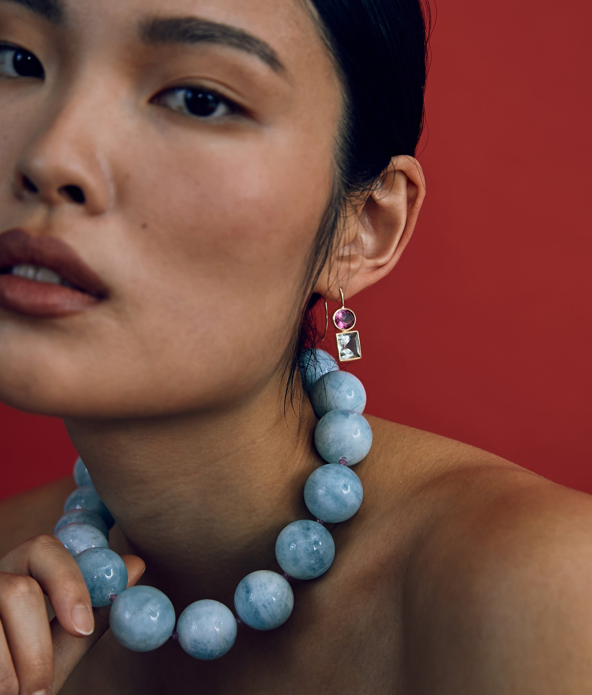 Jumbo Aquamarine, Pink Sapphire & 14k Gold Necklace