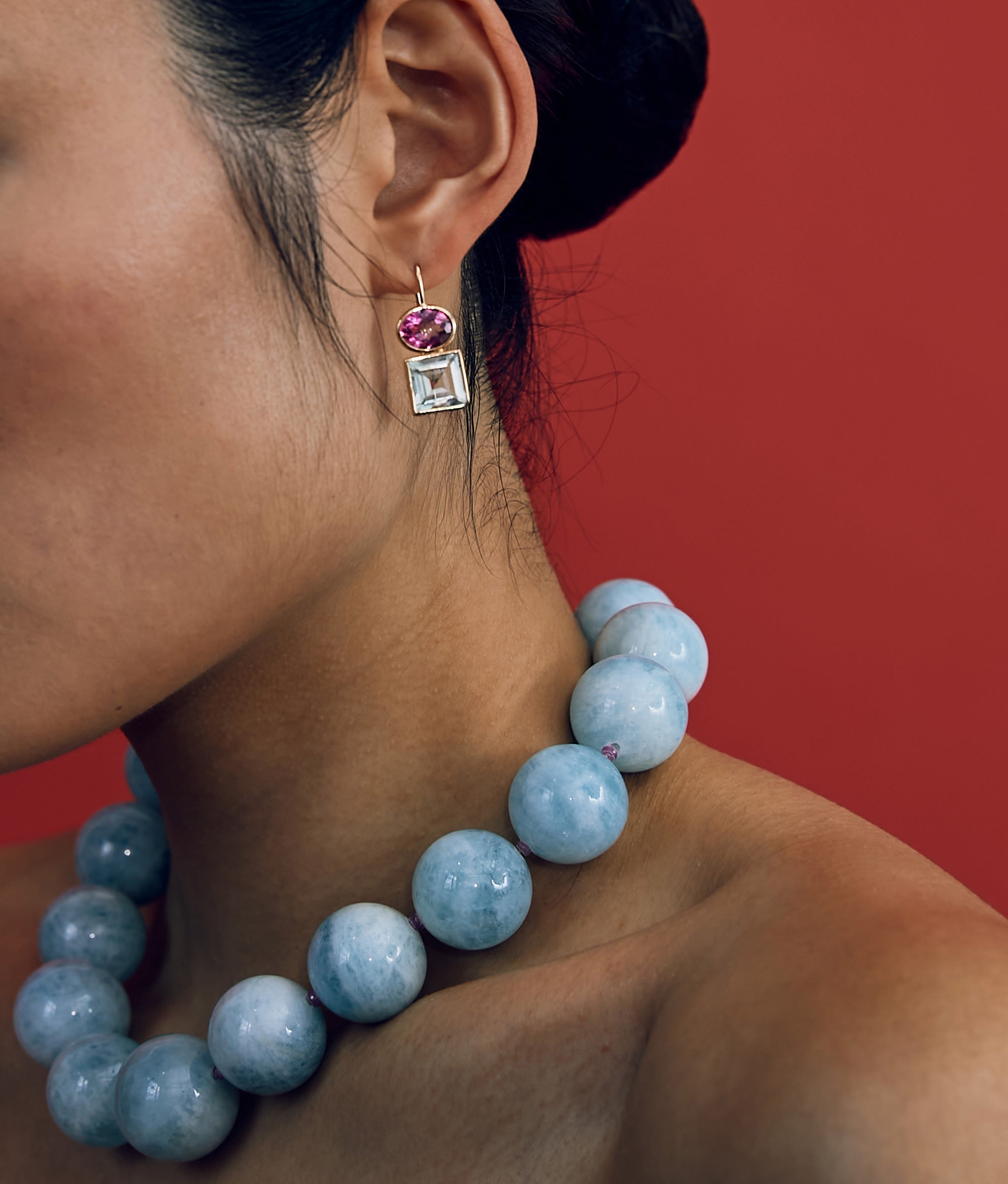 Jumbo Aquamarine, Pink Sapphire & 14k Gold Necklace