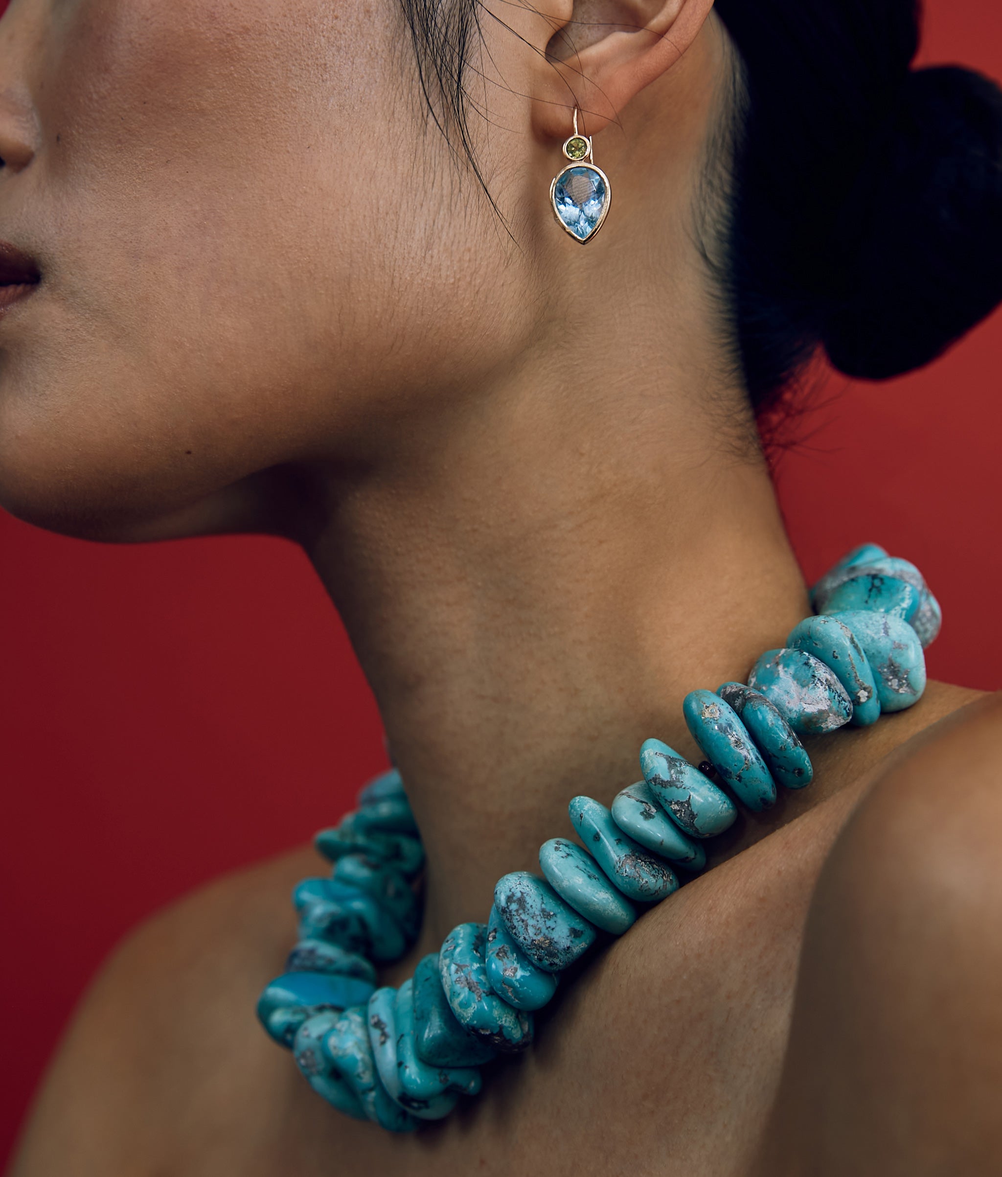 Large Turquoise, Ruby & 14k Gold Necklace