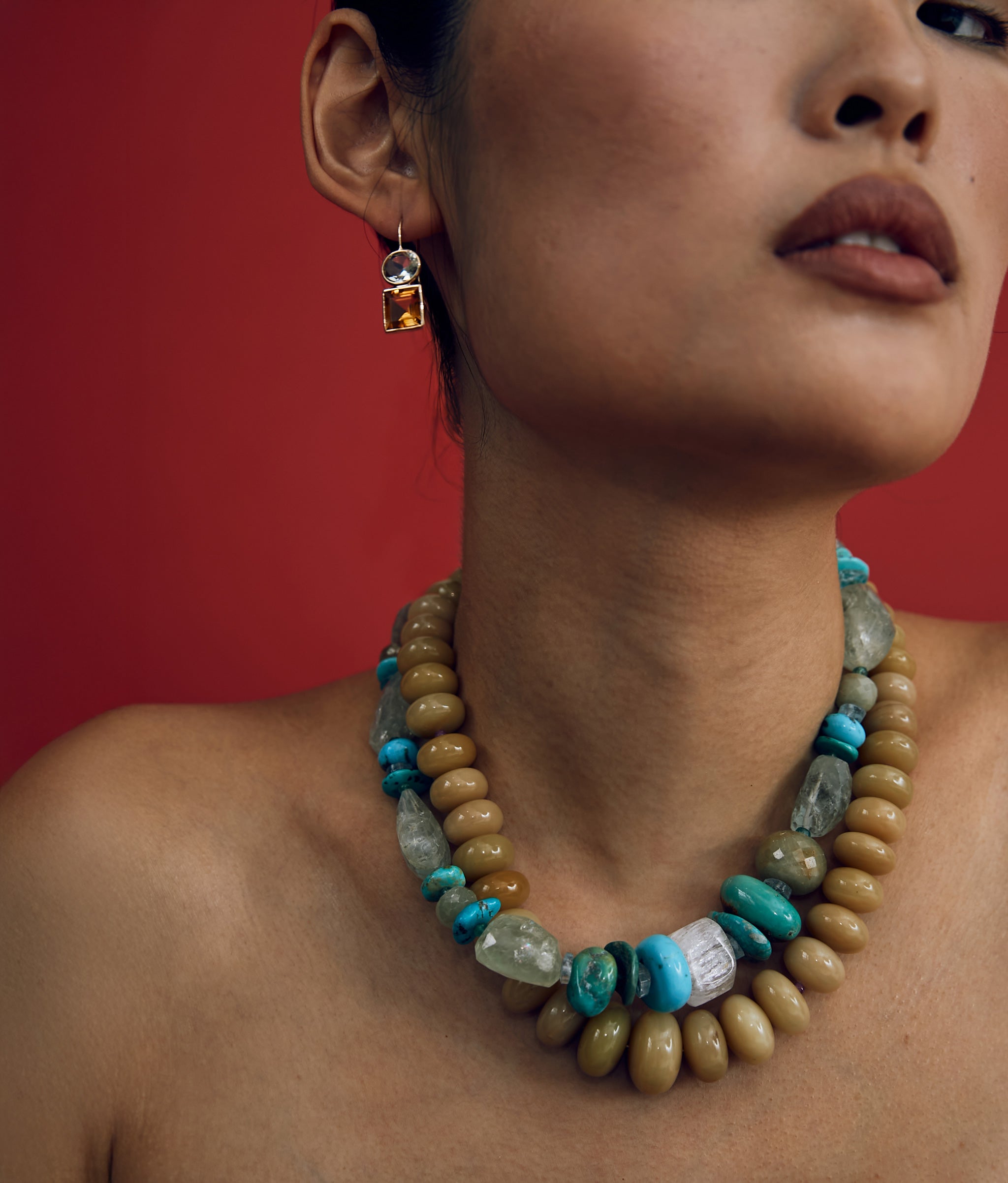 Mixed Aquamarine, Turquoise & 14k Gold Necklace