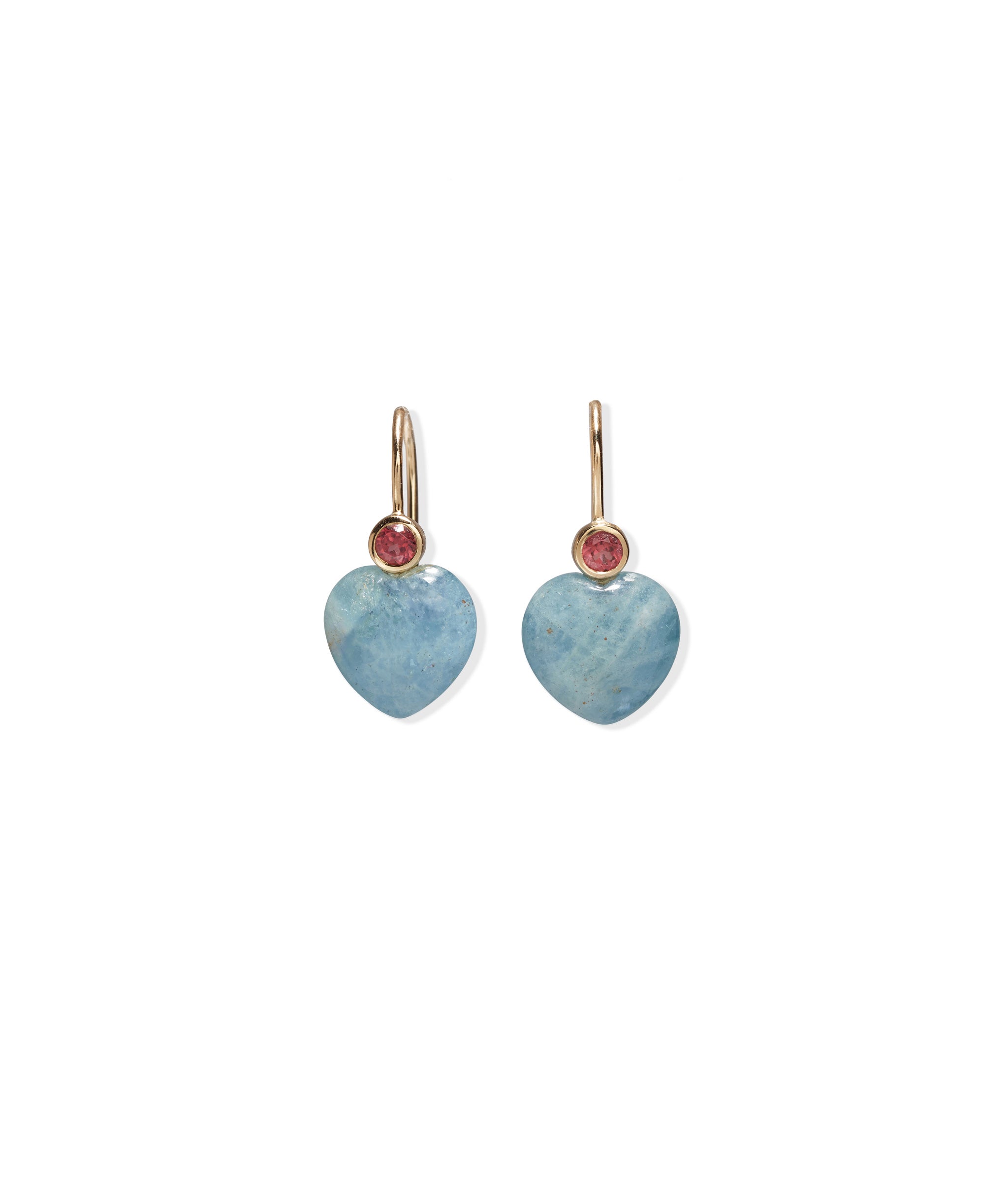 14k Gold Amor Earrings in Pink Rhodolite & Aquamarine