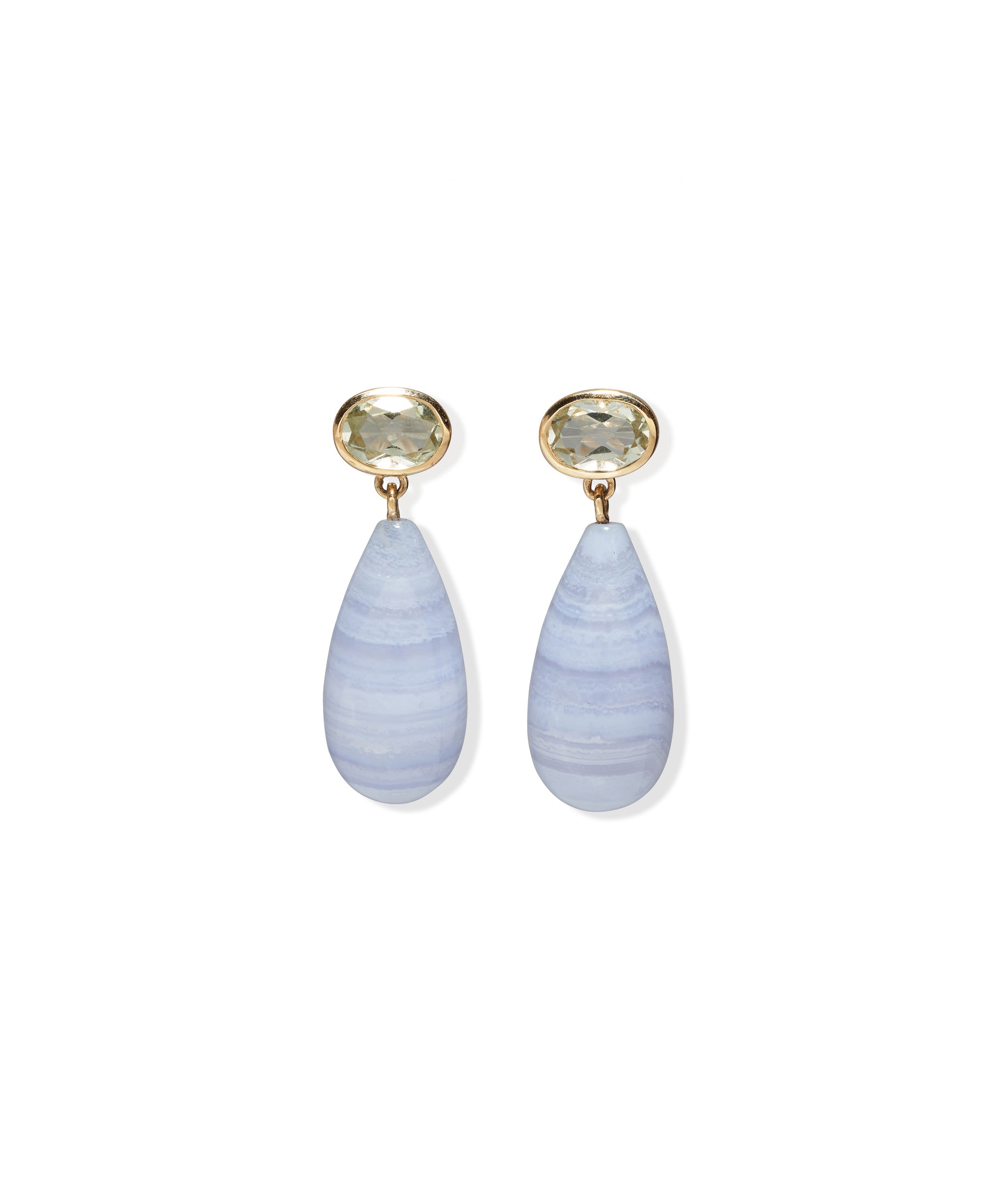 14k Gold Drop Earrings in Green Amethyst & Blue Lace Agate