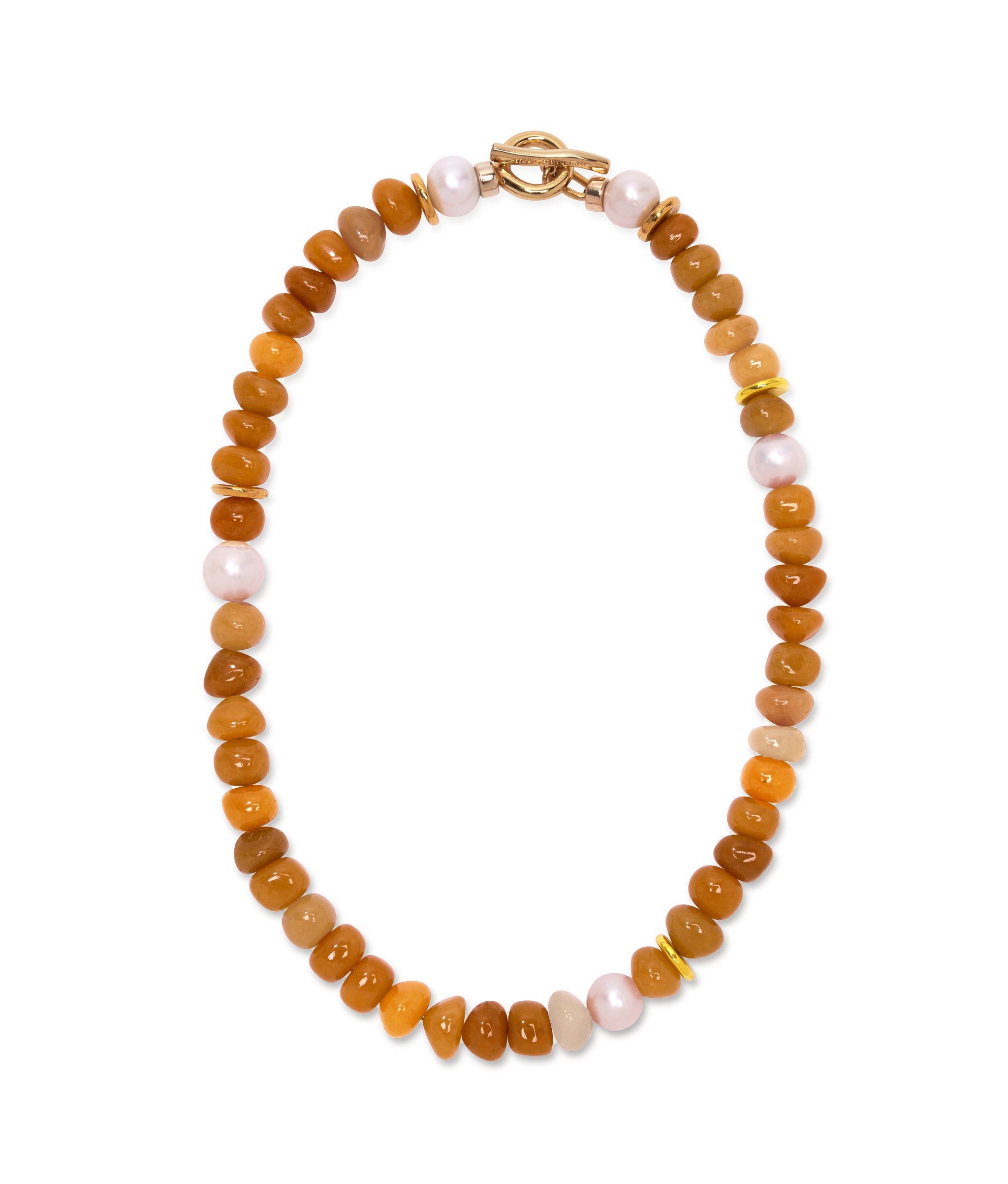 Mood Necklace in Red Aventurine. Red Aventurine necklace with assorted gold plated brass and pearls and toggle closure.