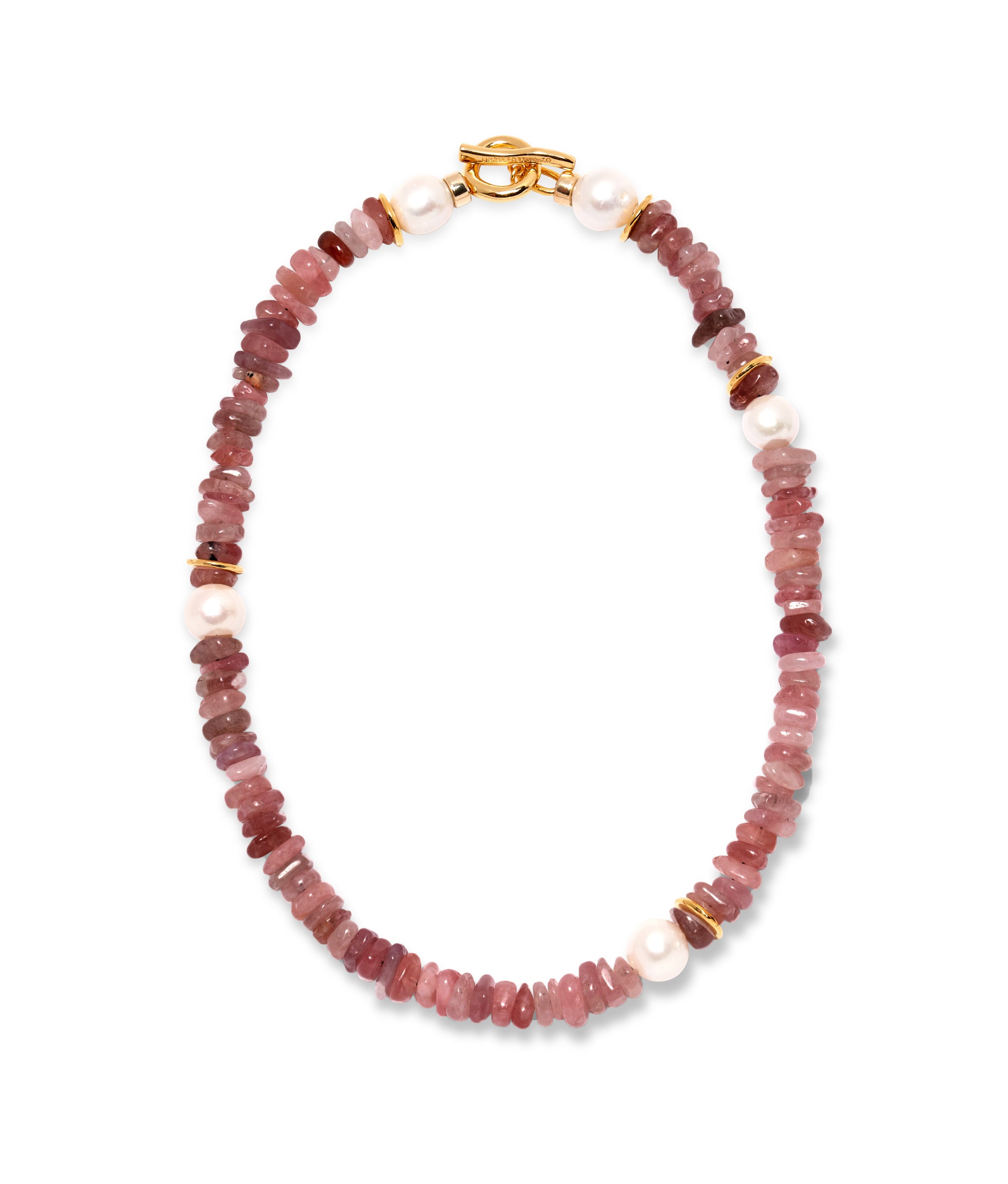 Mood Necklace in Strawberry Quartz. Strawberry Quartz necklace with assorted pearls, gold plated brass, toggle closure.