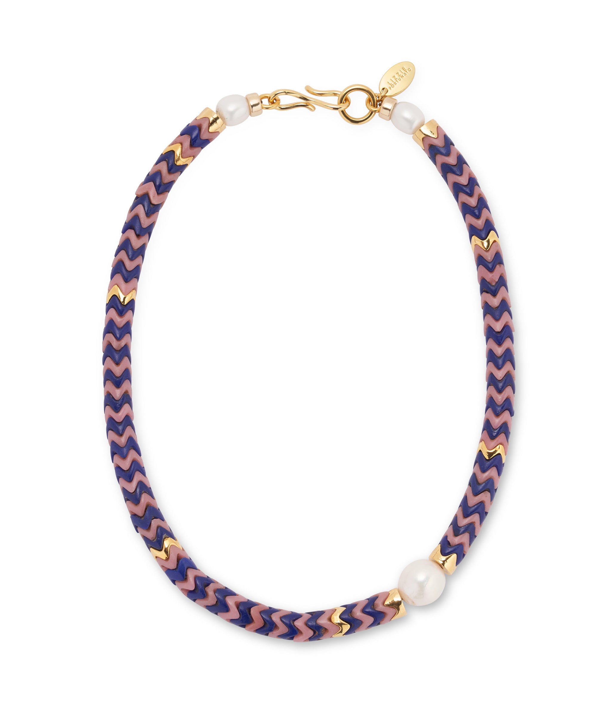 Painted Coast Necklace in Dusk. Single strand of interlocking wavy glass beads in navy and pink with pearl accents.
