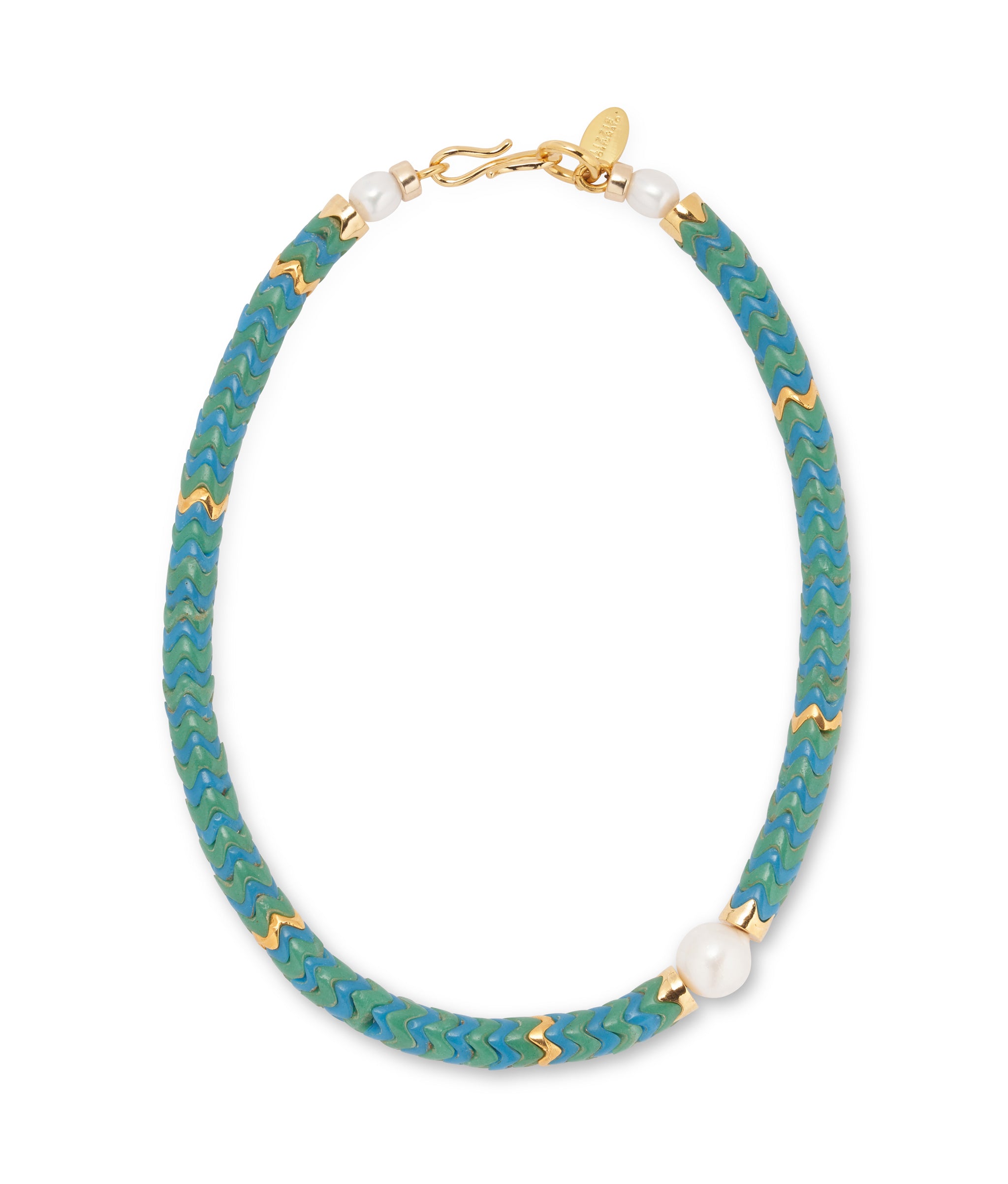 Painted Coast Necklace in Ocean. Single strand of interlocking wavy glass beads in green and aqua with pearl accents.