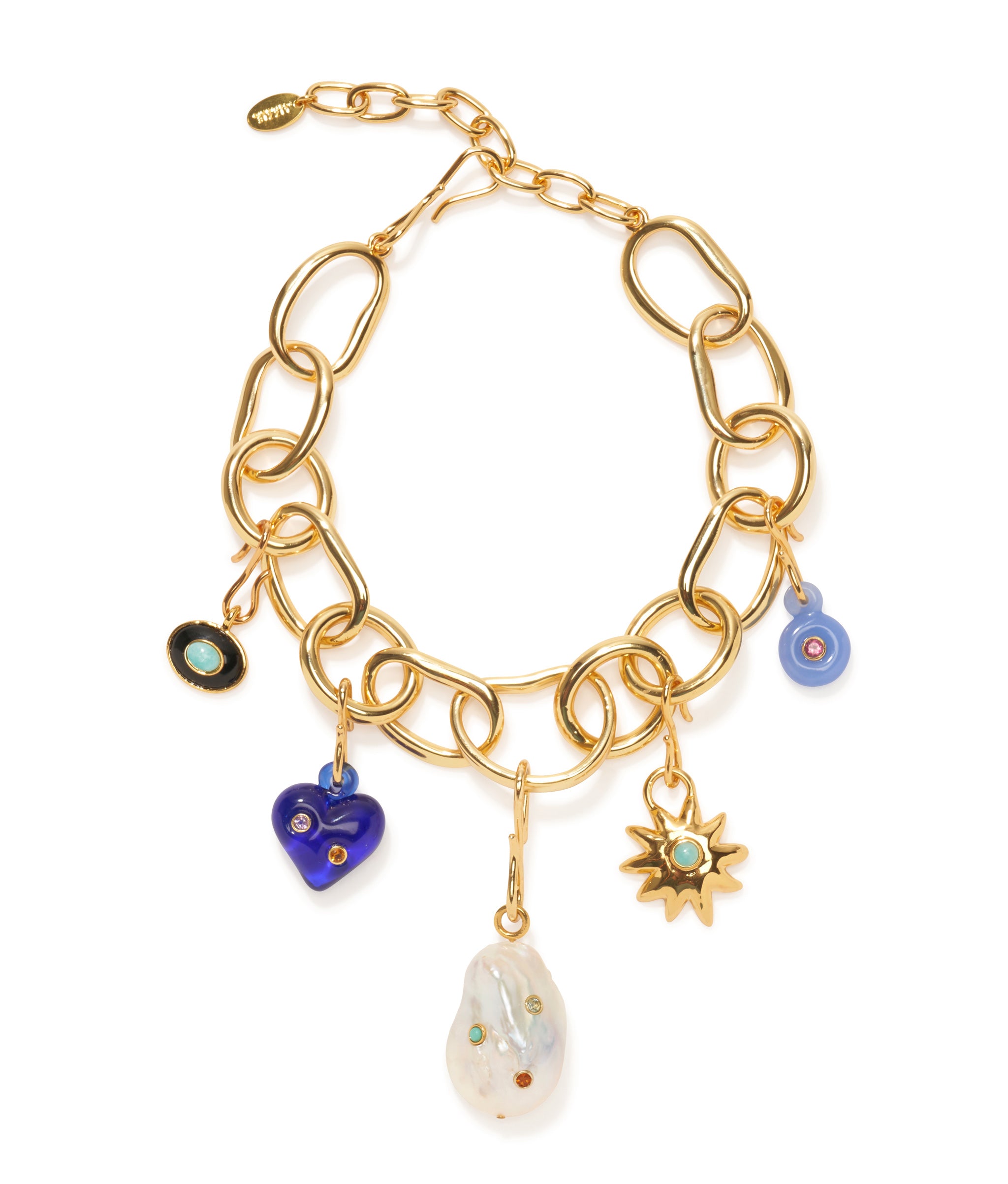 Gold Porto Chain on white with five mood charms attached, including Hope Charm.