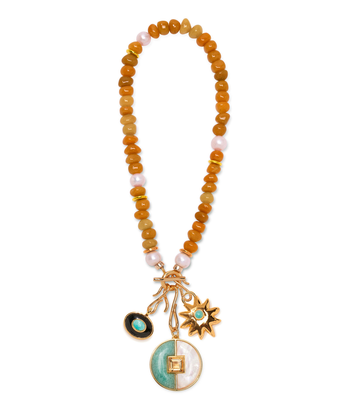 Mood Necklace in Red Aventurine with Helios and Hope charms and Porto Pendant in New Wave.