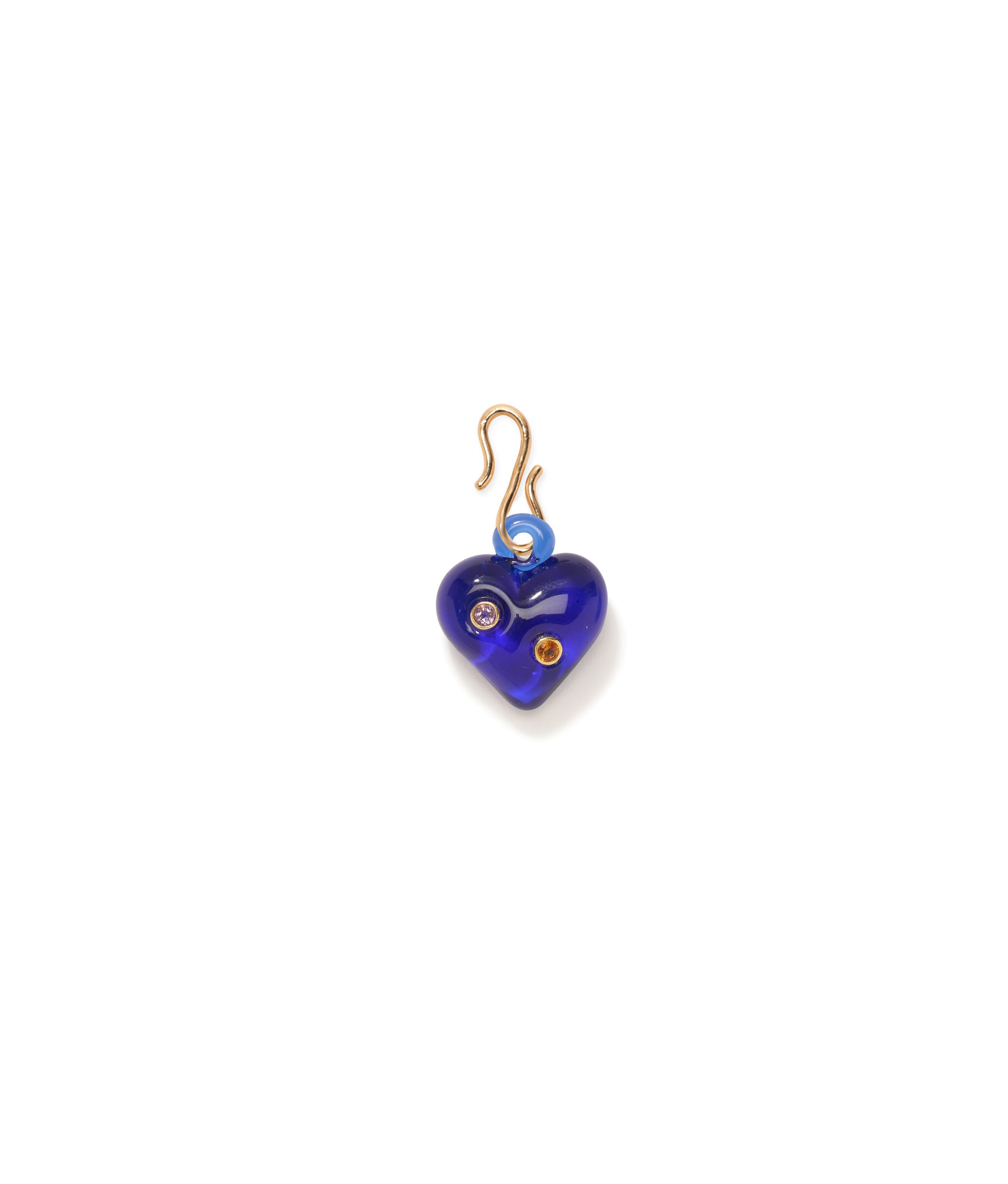 Corazon Charm. Cobalt blue puffy glass heart inlaid with pink amethyst and citrine stones, with gold s-hook.