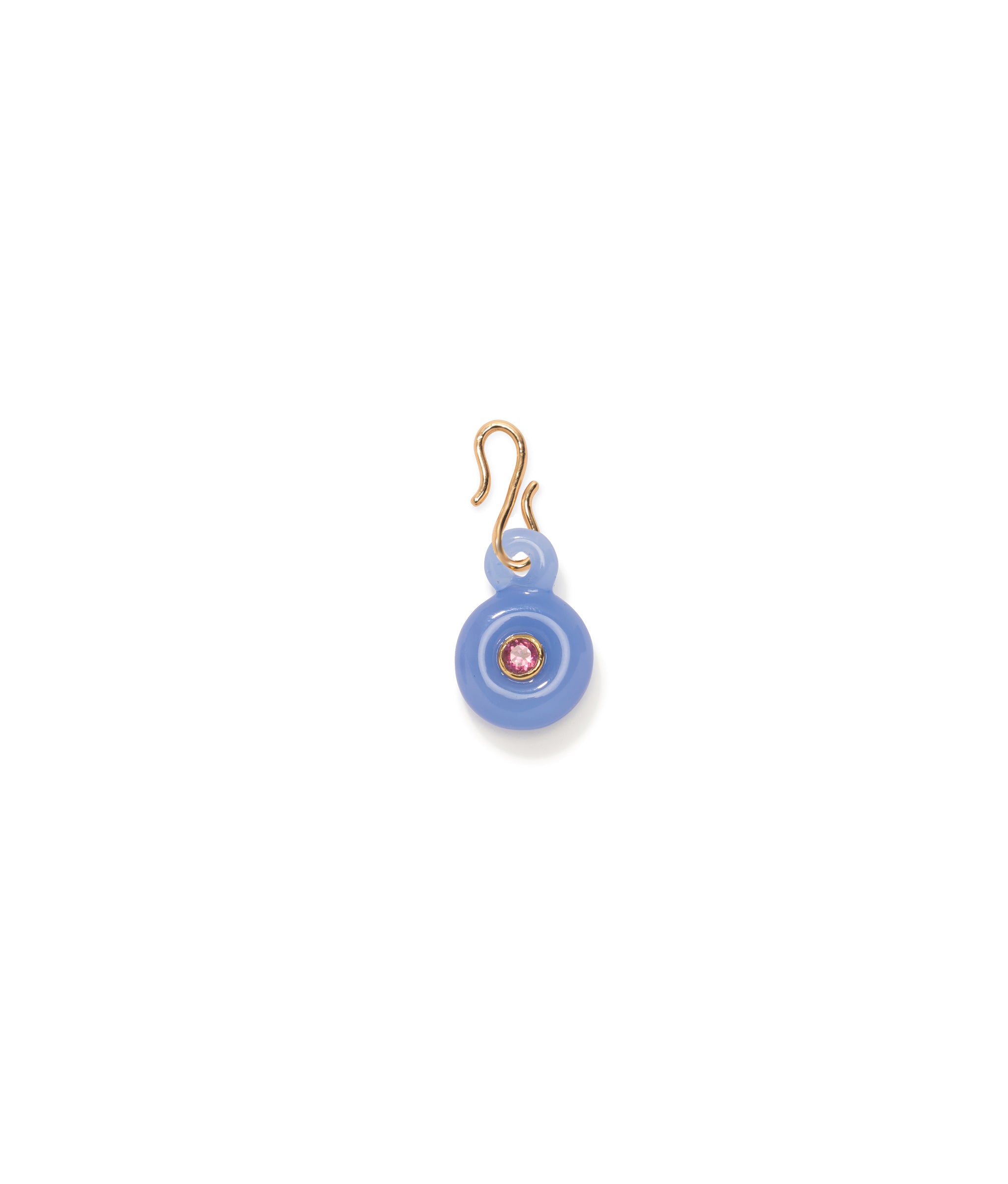 Mini Muse Charm. Periwinkle blue circular glass charm with pink rhodolite inlay, and gold-plated s-hook.