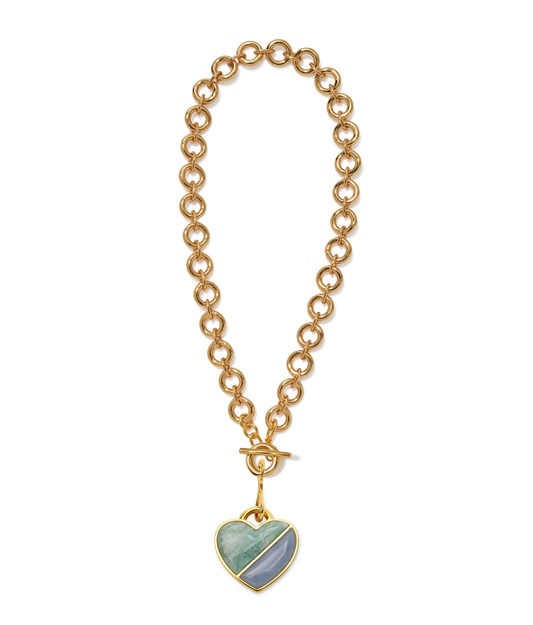 Mood Necklace in Gold with Heart Pendant in Ocean attached.
