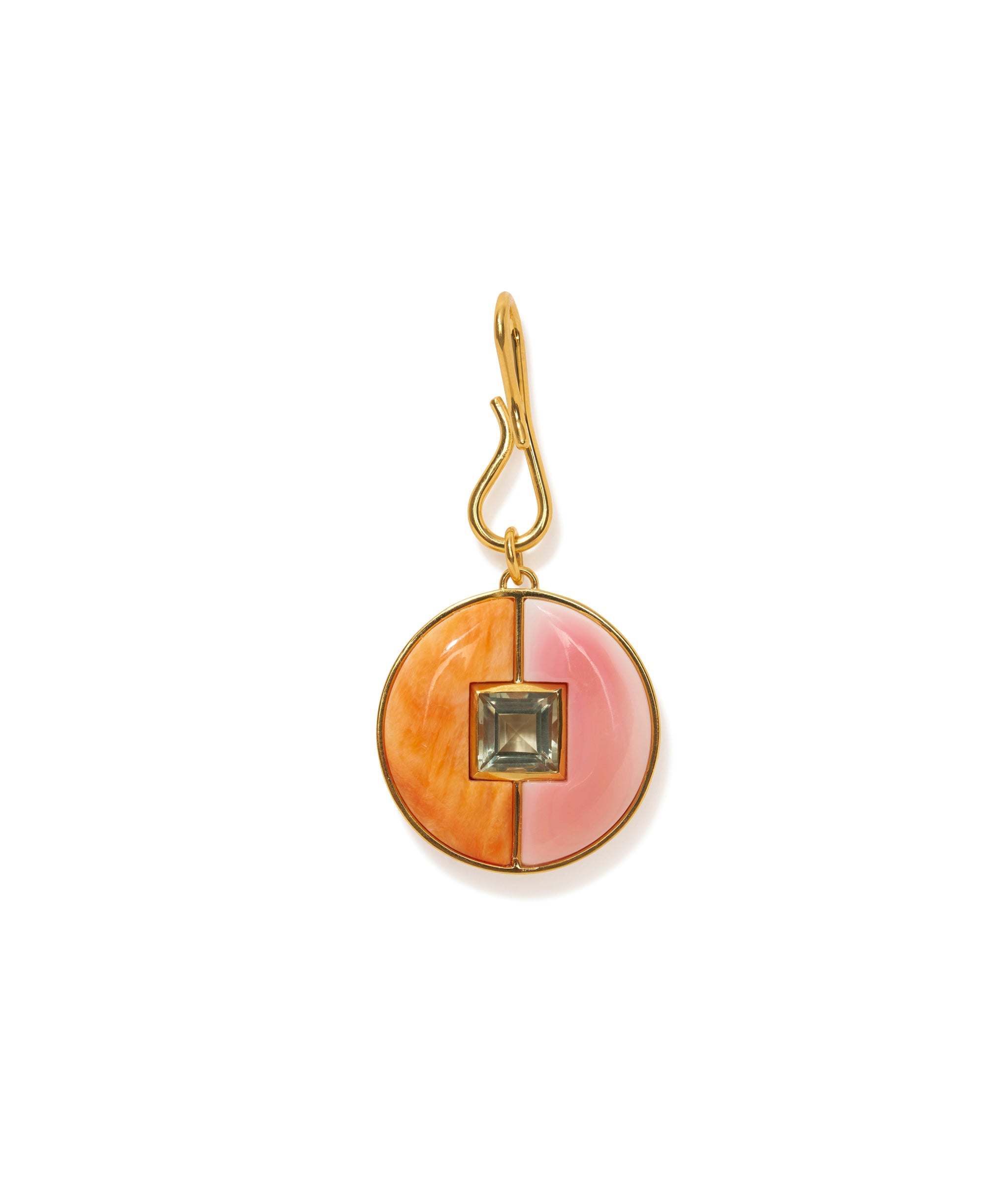 Porto Pendant in Sorbet. Round gold-plated pendant with pink conch, orange spiny oyster and green amethyst inlay.