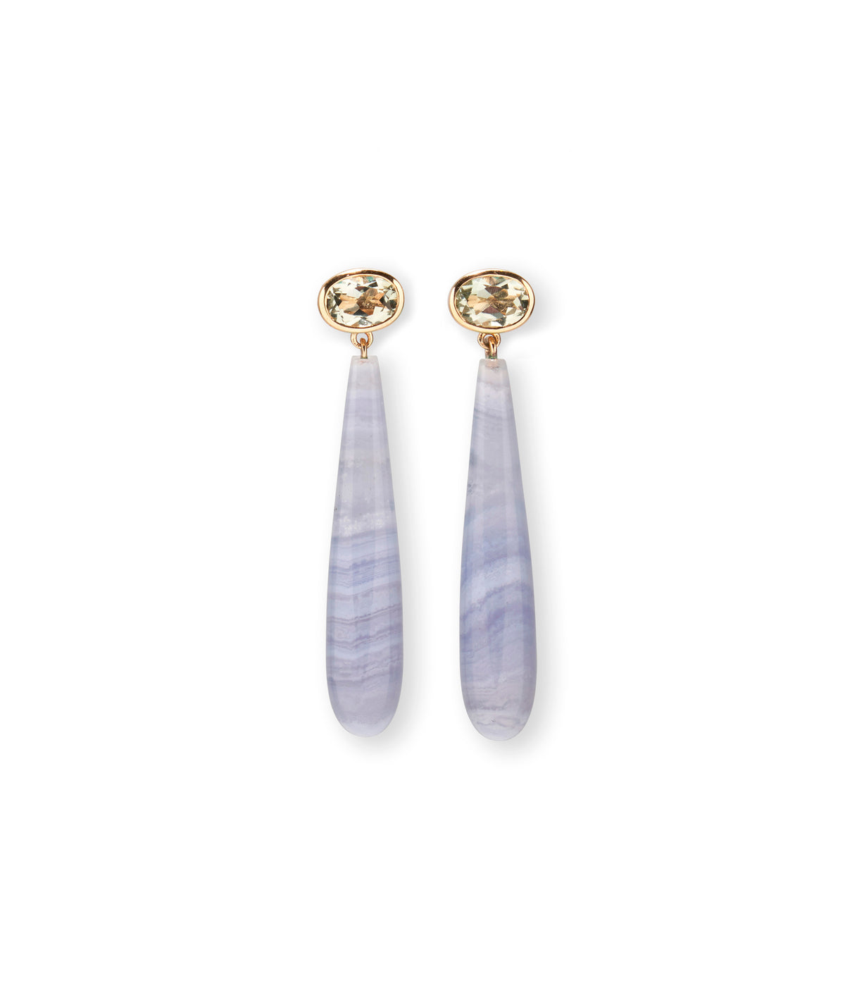 14k Gold Drop Earrings in Green Amethyst & Blue Lace Agate. Semiprecious green amethyst tops, blue lace agate drops.