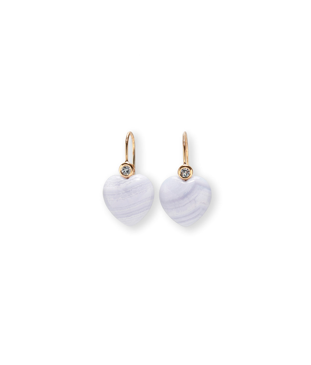 14k Gold Amor Earrings in Sky Blue Topaz & Blue Lace Agate. Blue lace agate hearts and sky blue topaz stone details.