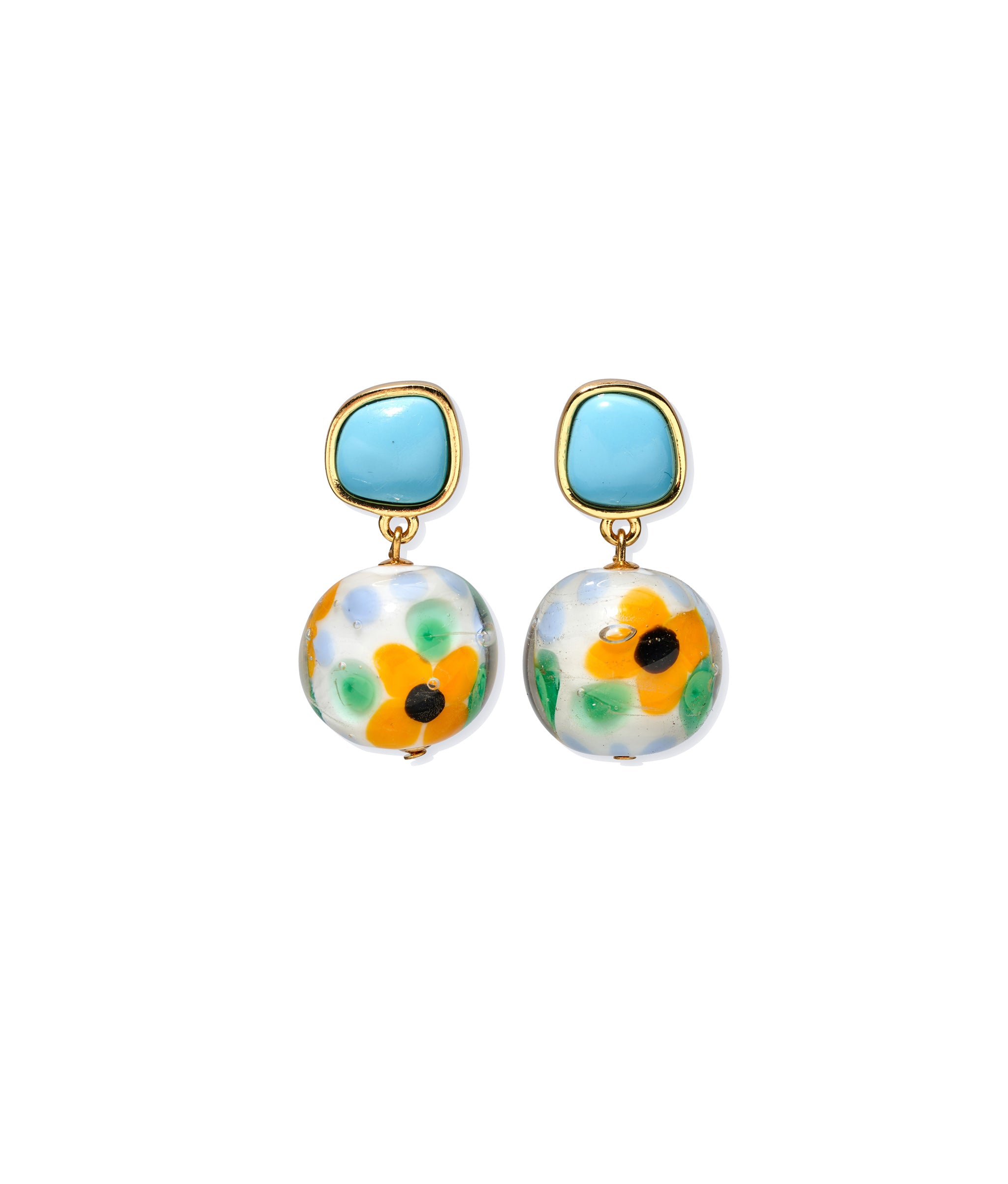 Kado Drop Earrings. Gold-plated earrings with imitation turquoise tops and floral glass bead drops